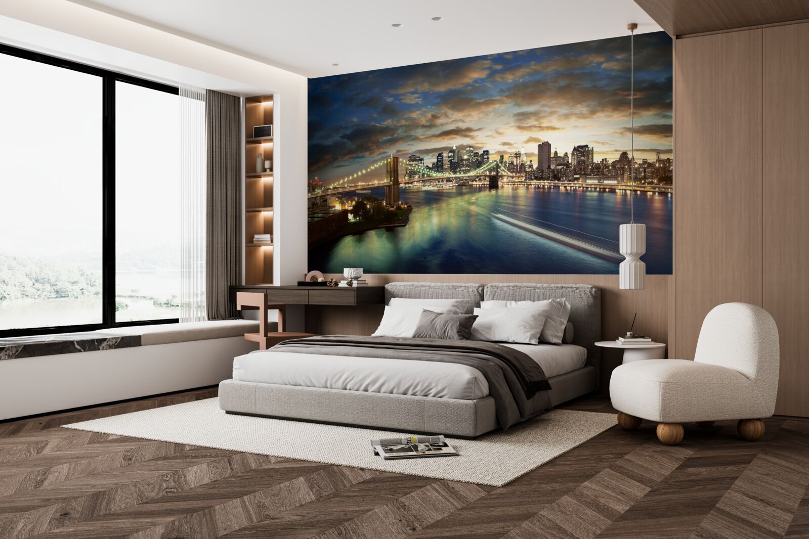 Fototapet iluminarea nocturnă a orașului new york la marginea apei