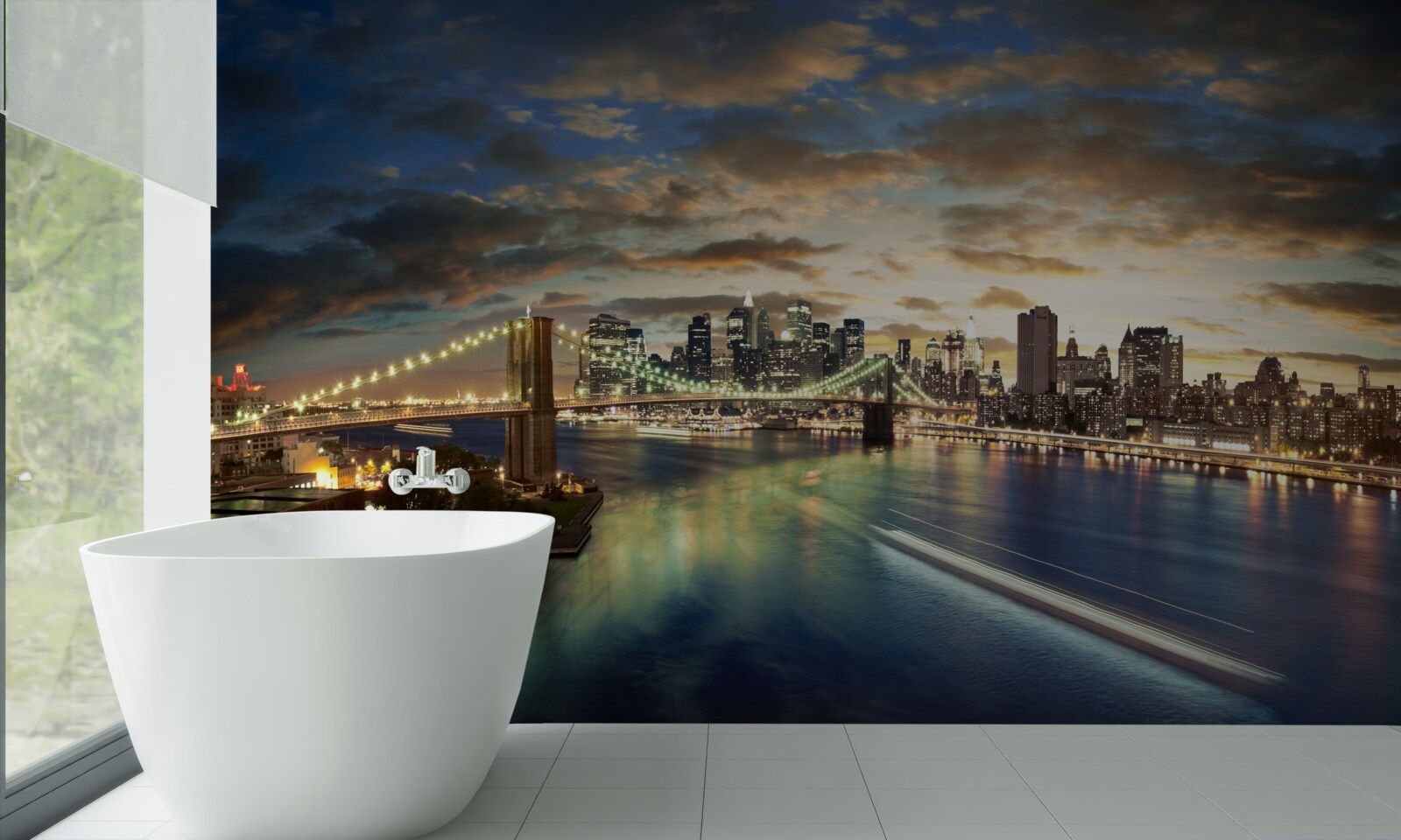 Fototapet iluminarea nocturnă a orașului new york la marginea apei