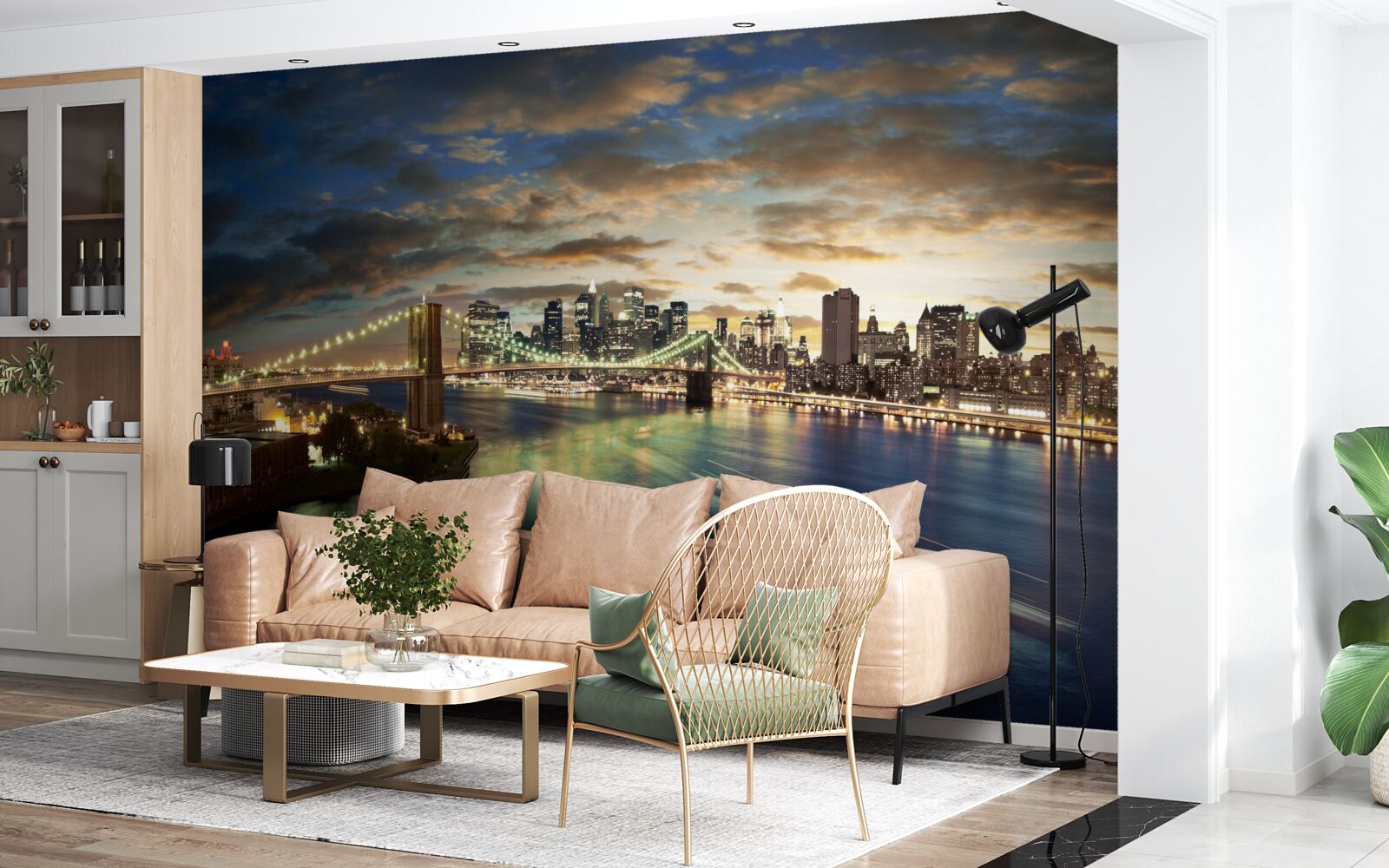 Fototapet iluminarea nocturnă a orașului new york la marginea apei