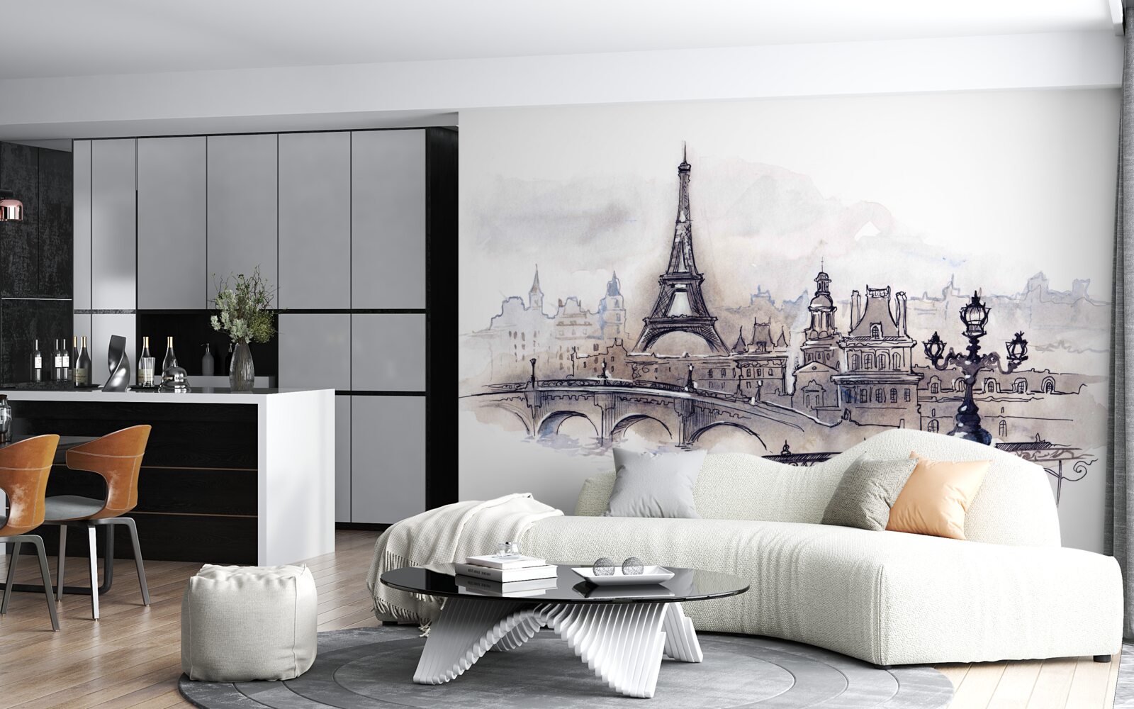 Fototapet turnul eiffel și schițe arhitecturale în creion