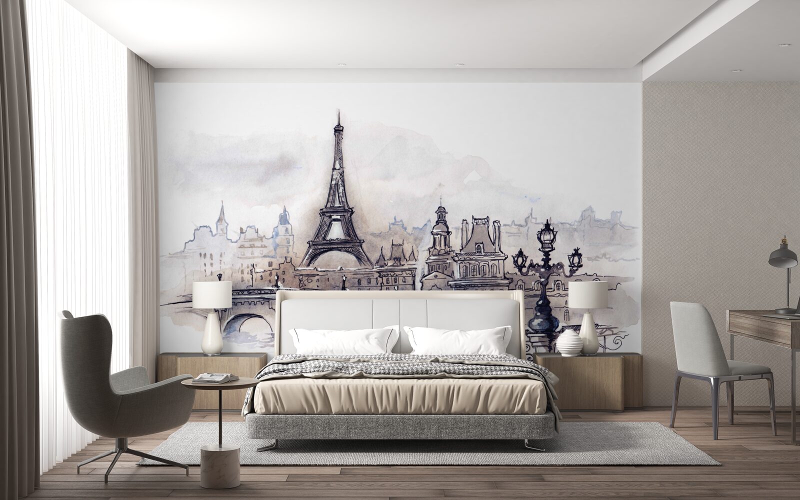 Fototapet turnul eiffel și schițe arhitecturale în creion