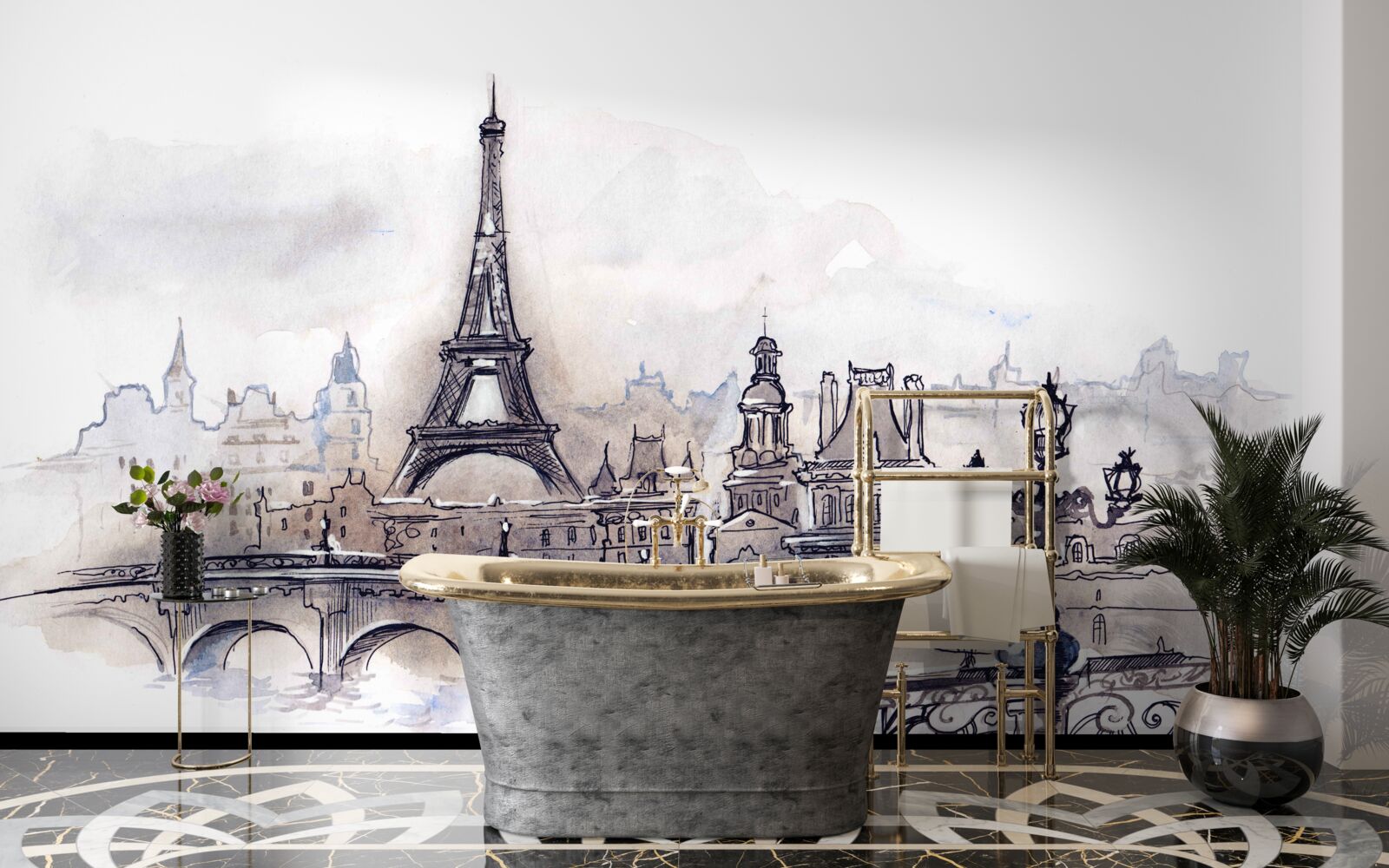 Fototapet turnul eiffel și schițe arhitecturale în creion