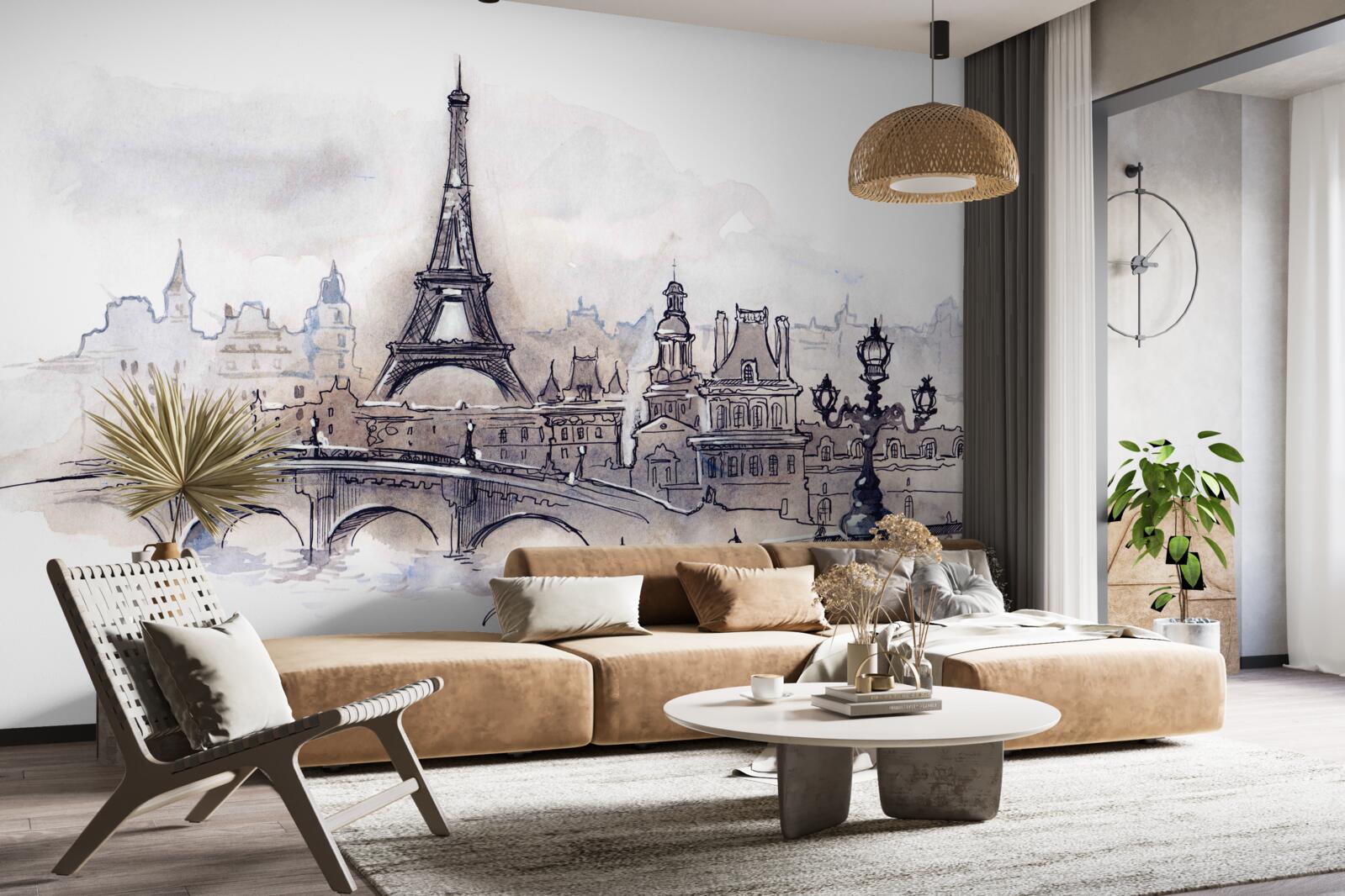 Fototapet turnul eiffel și schițe arhitecturale în creion