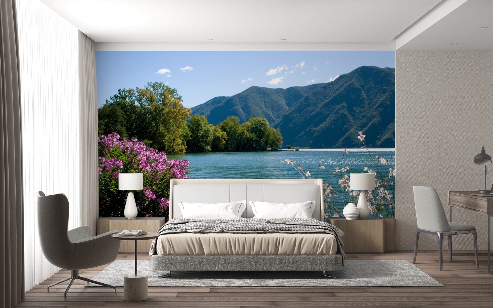 Fototapet lac de munte liniștit și plante de vară înflorite