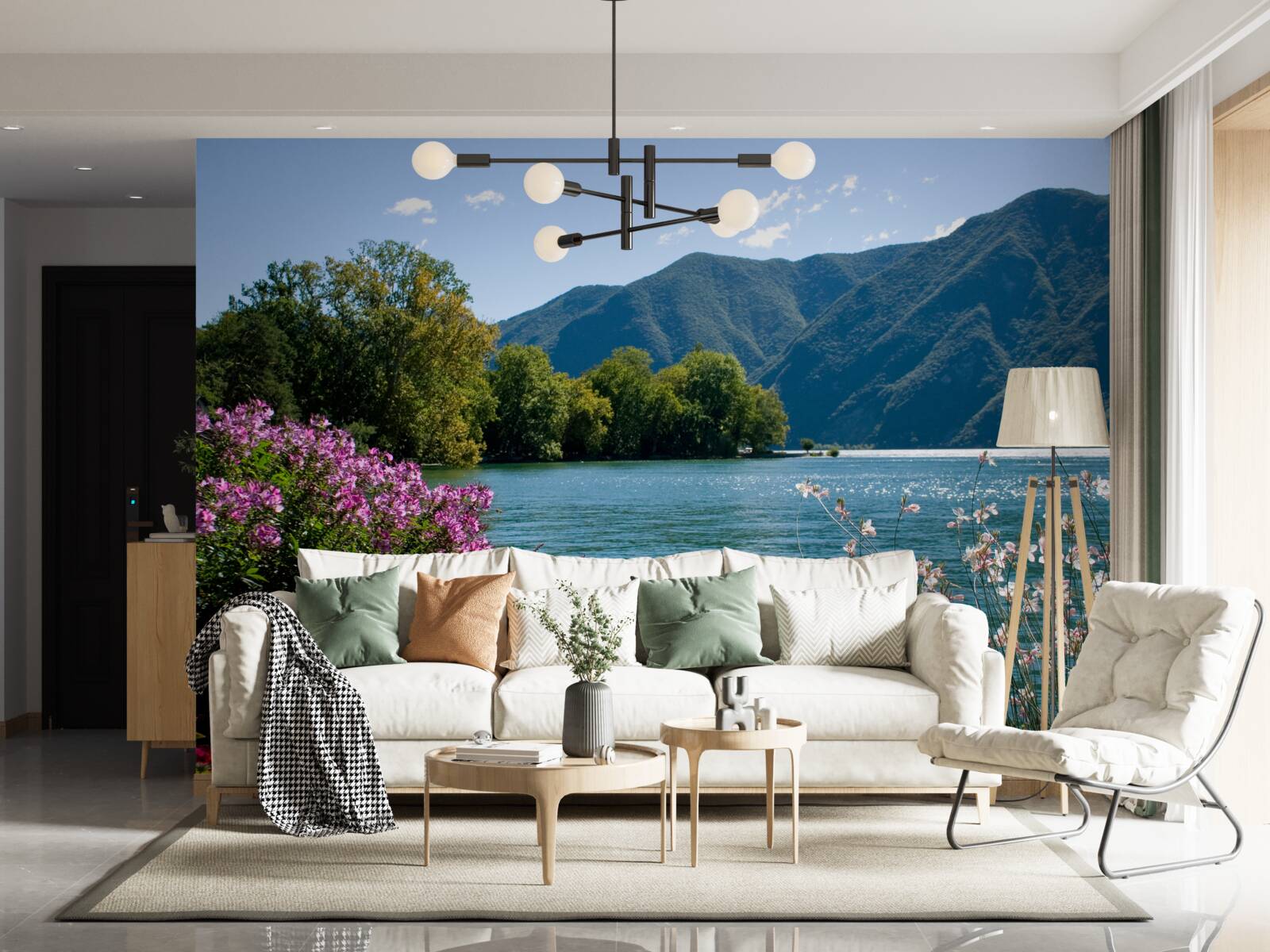 Fototapet lac de munte liniștit și plante de vară înflorite