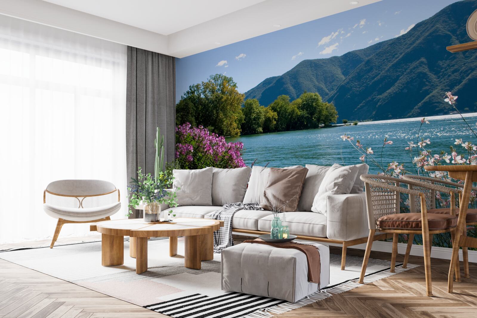 Fototapet lac de munte liniștit și plante de vară înflorite