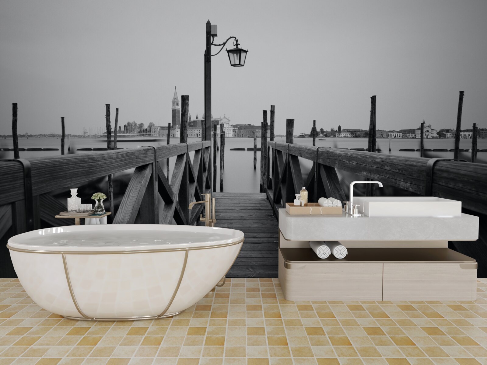 Fototapet terasament din lemn lângă apă