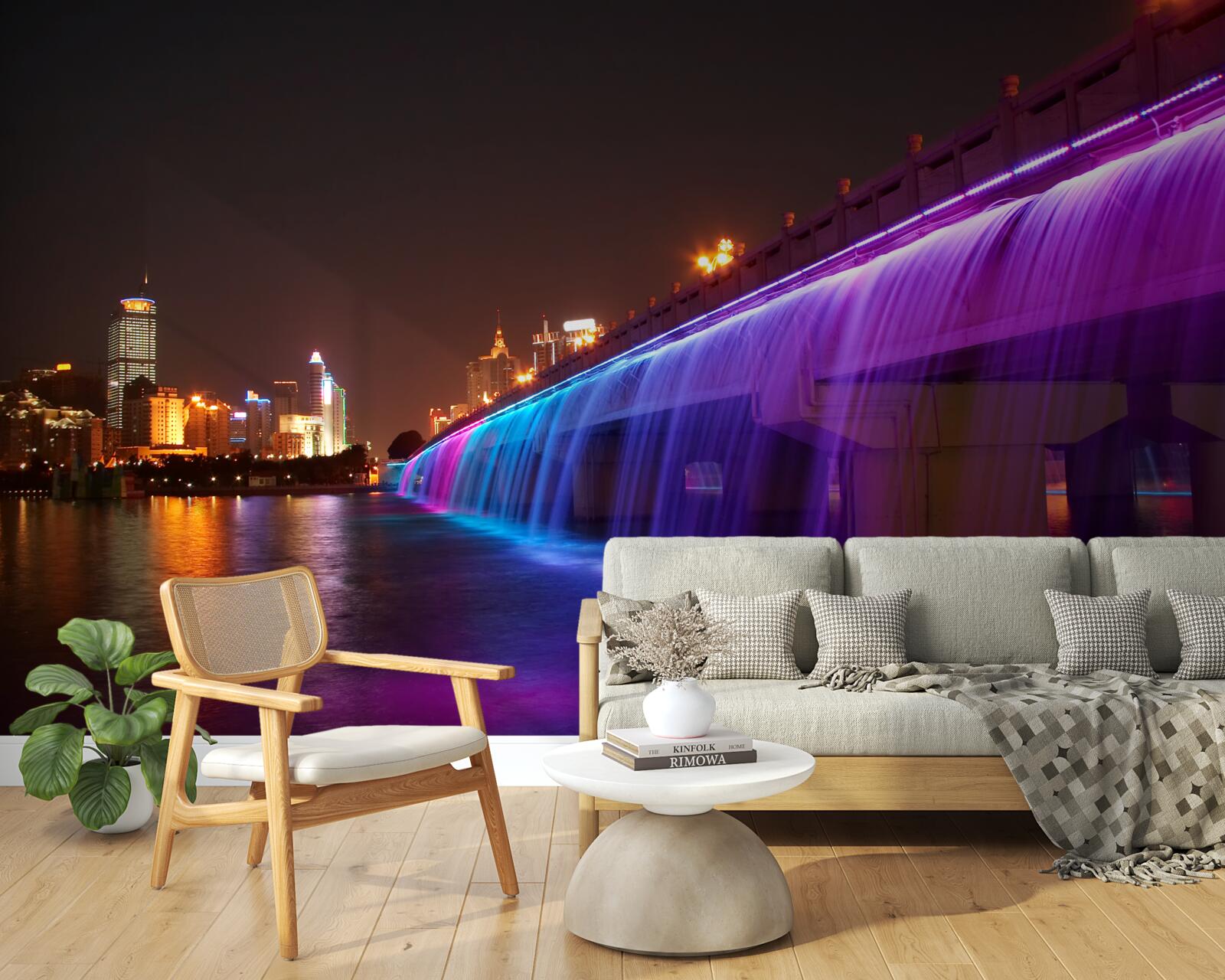 Fototapet iluminare luminescentă a apei lângă pod