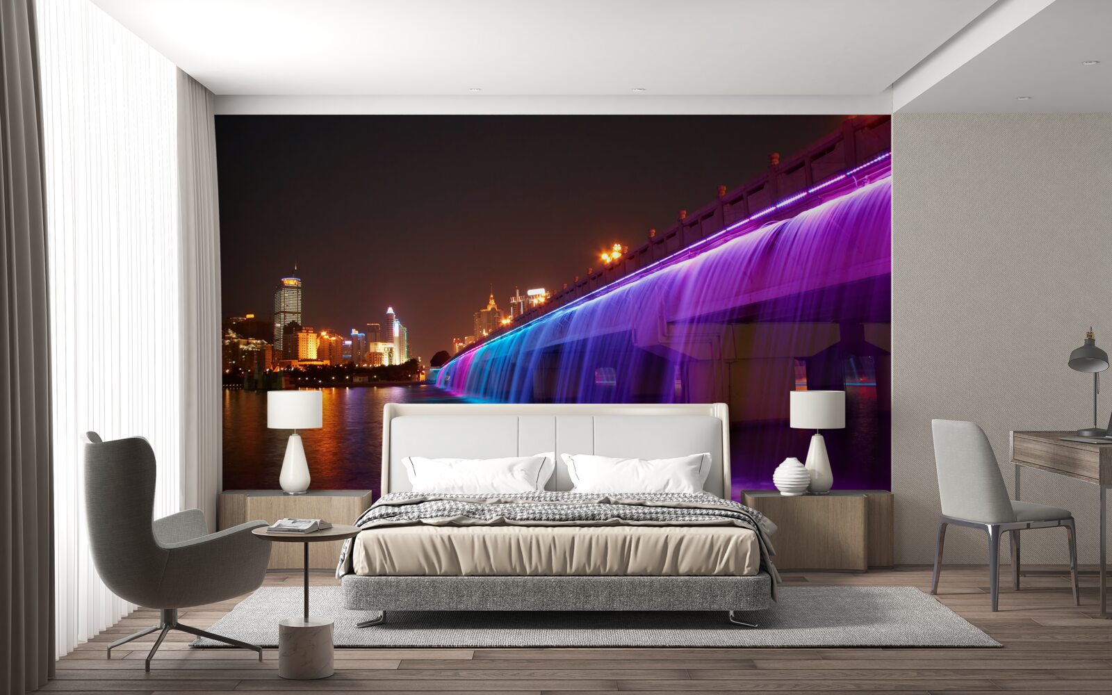 Fototapet iluminare luminescentă a apei lângă pod