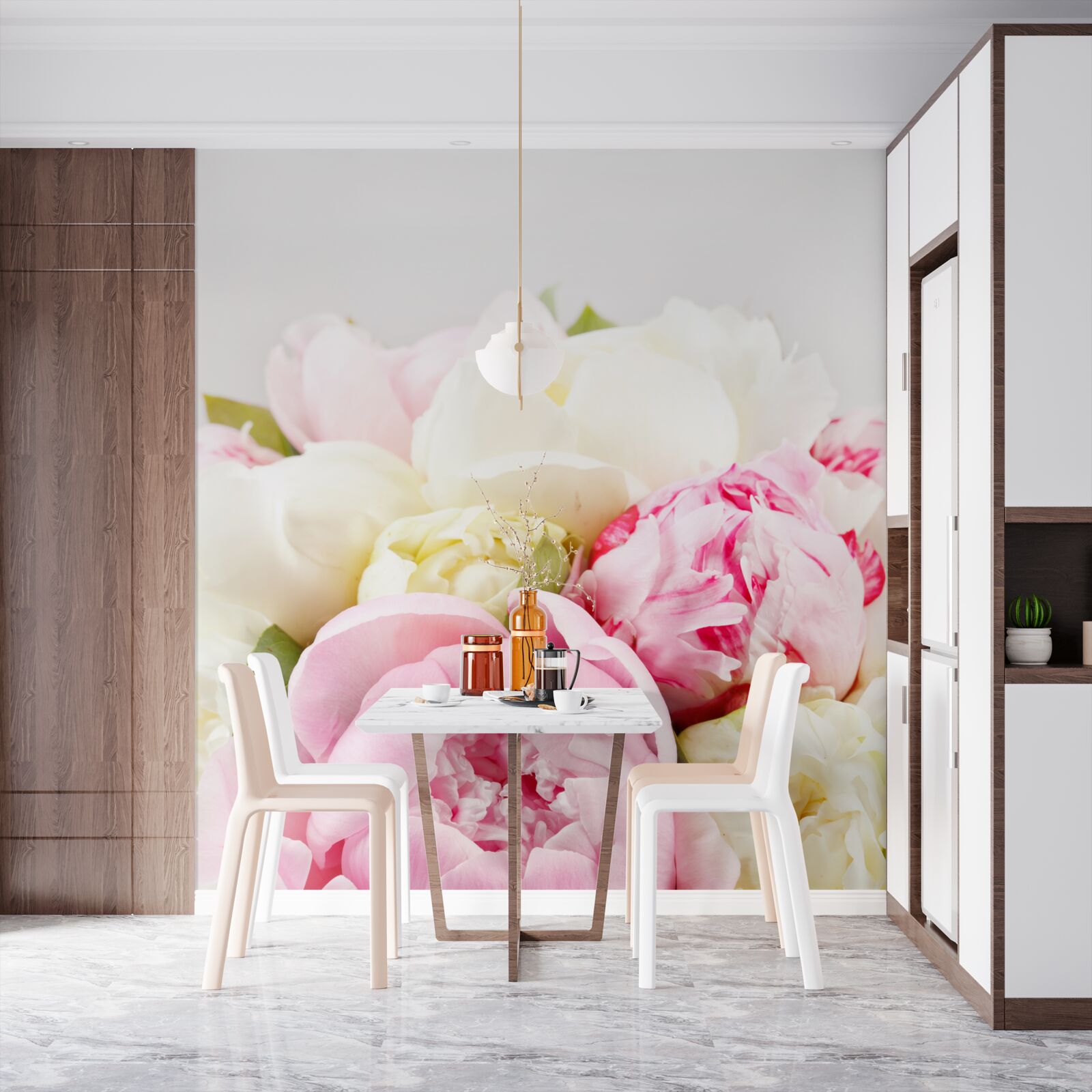 Fototapet trandafiri delicați în formă de bujor în alb și roz