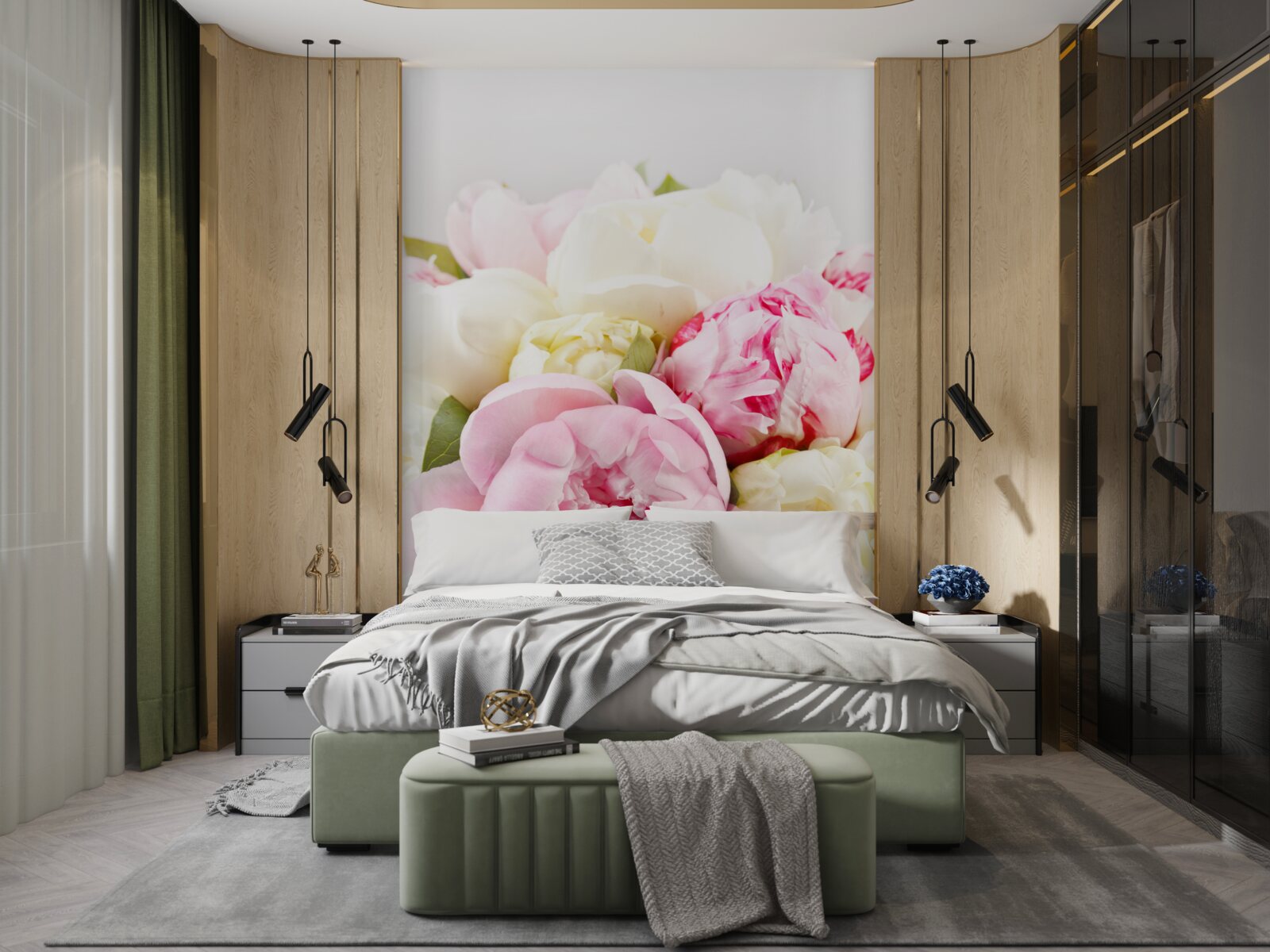 Fototapet trandafiri delicați în formă de bujor în alb și roz