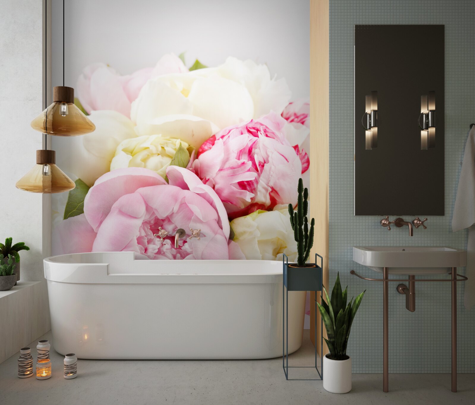 Fototapet trandafiri delicați în formă de bujor în alb și roz