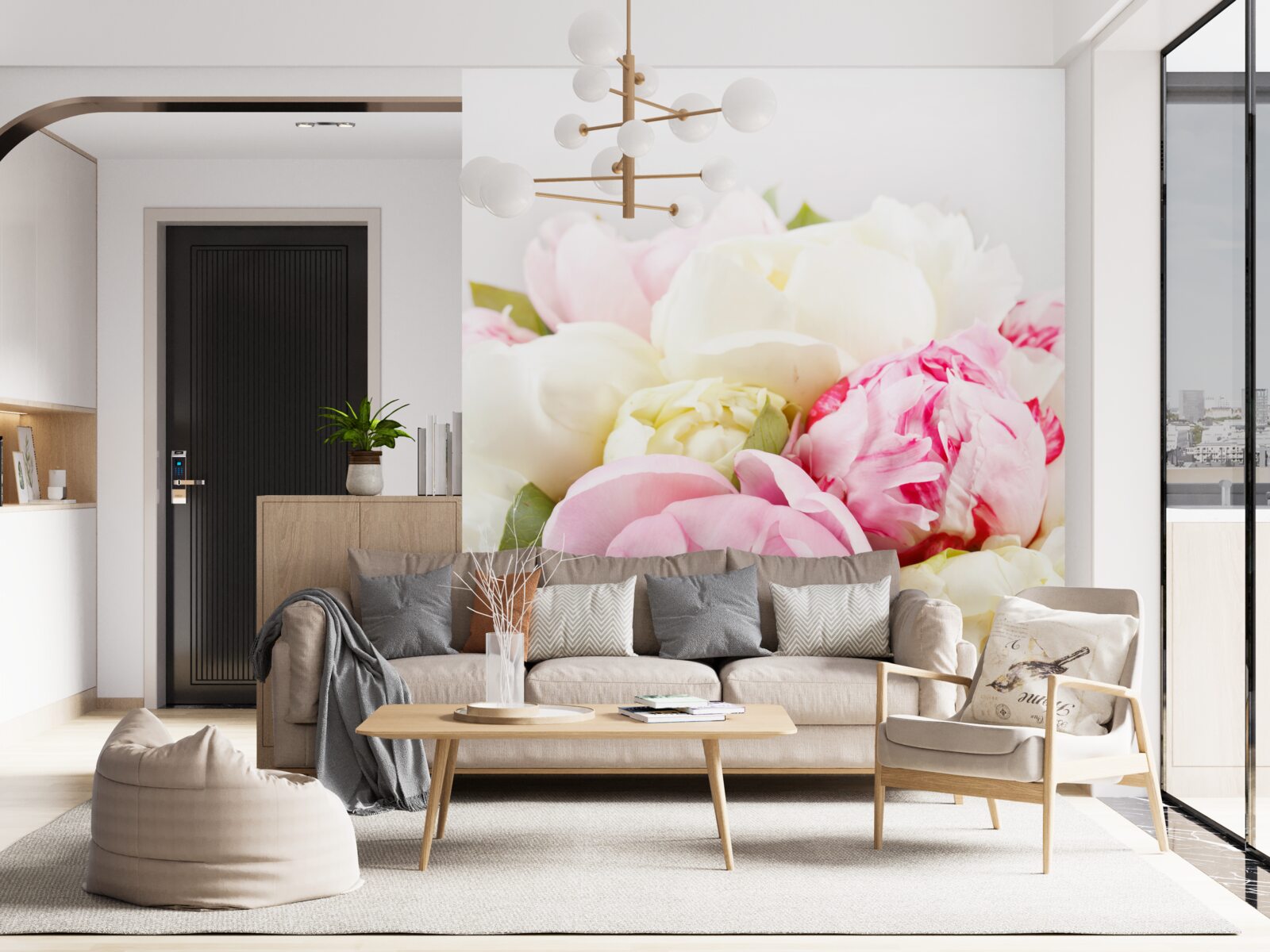 Fototapet trandafiri delicați în formă de bujor în alb și roz