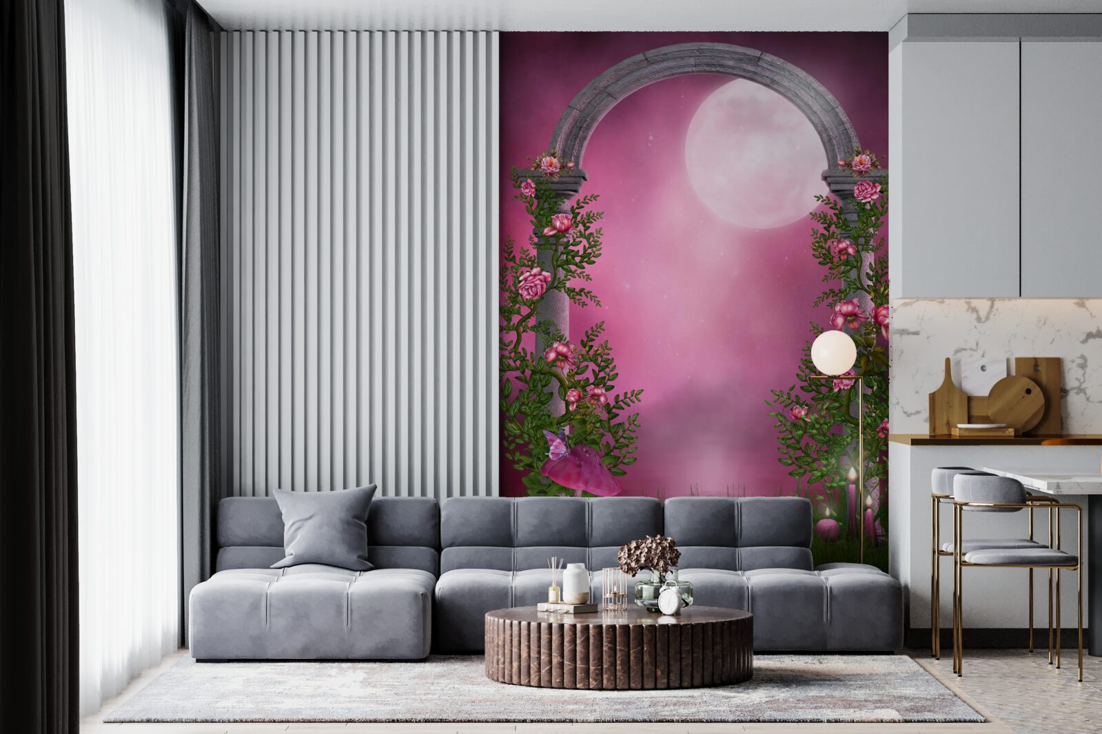 Fototapet luna strălucește puternic și arcul de piatră este acoperit cu flori