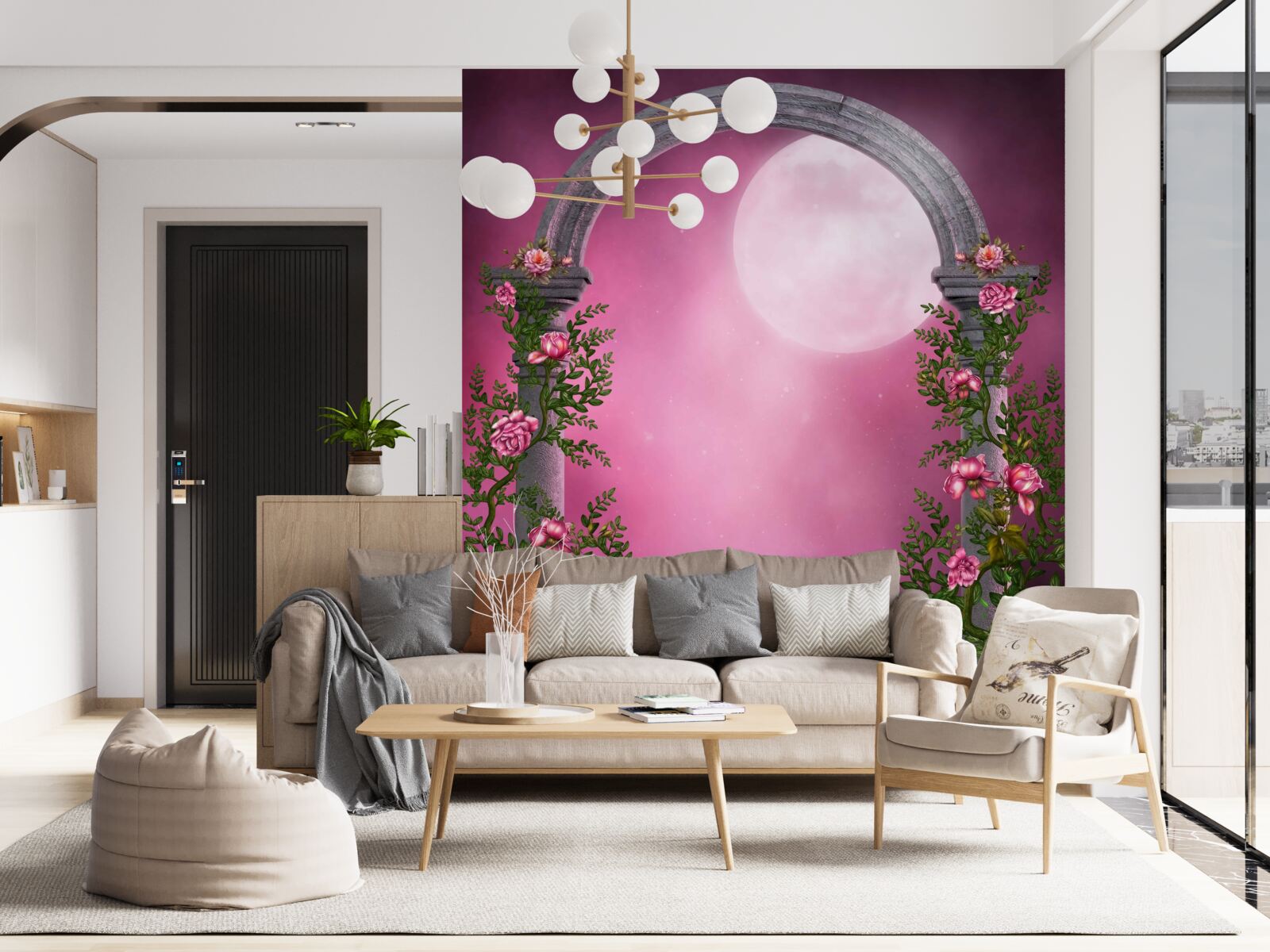 Fototapet luna strălucește puternic și arcul de piatră este acoperit cu flori