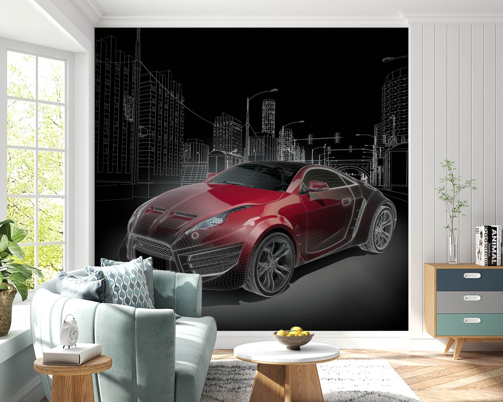 Fototapet desenul prezintă o mașină sport roșie