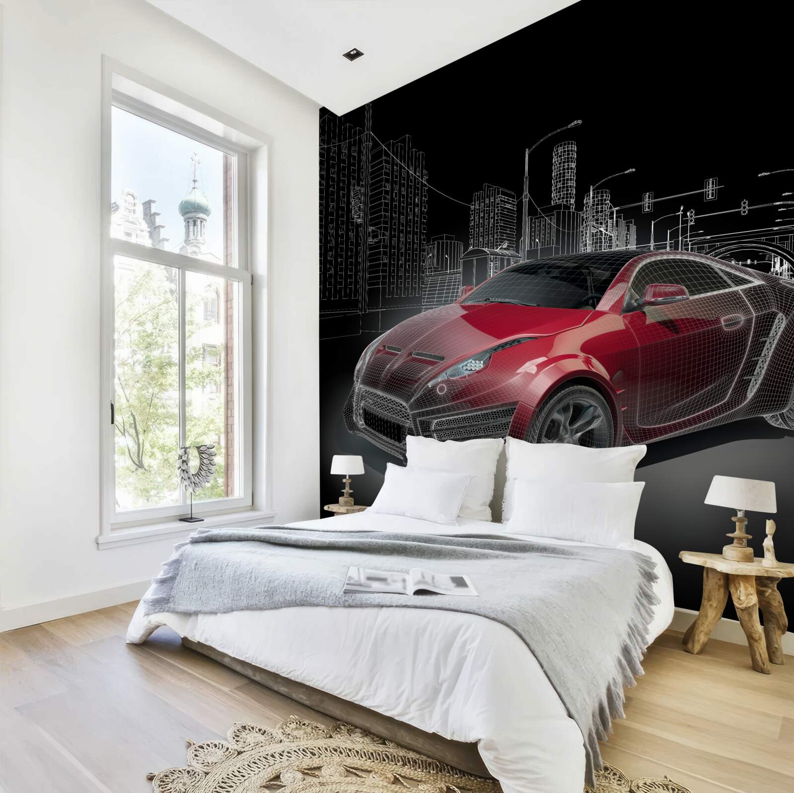 Fototapet desenul prezintă o mașină sport roșie