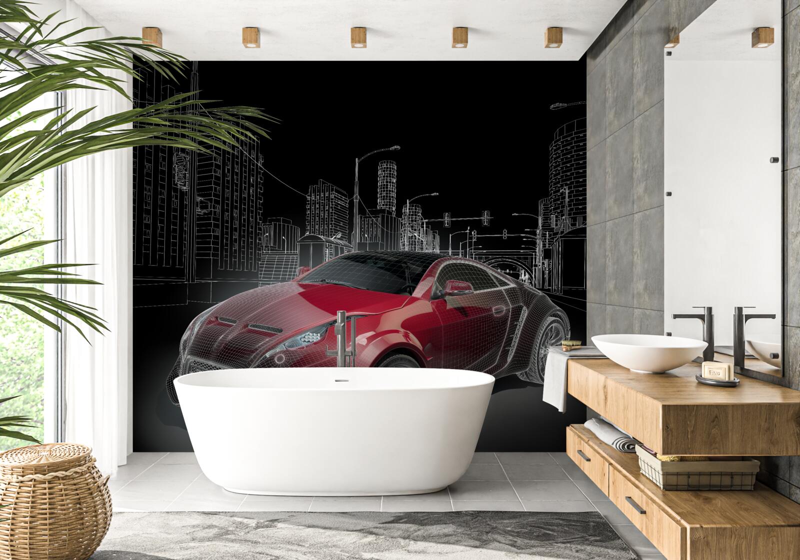 Fototapet desenul prezintă o mașină sport roșie