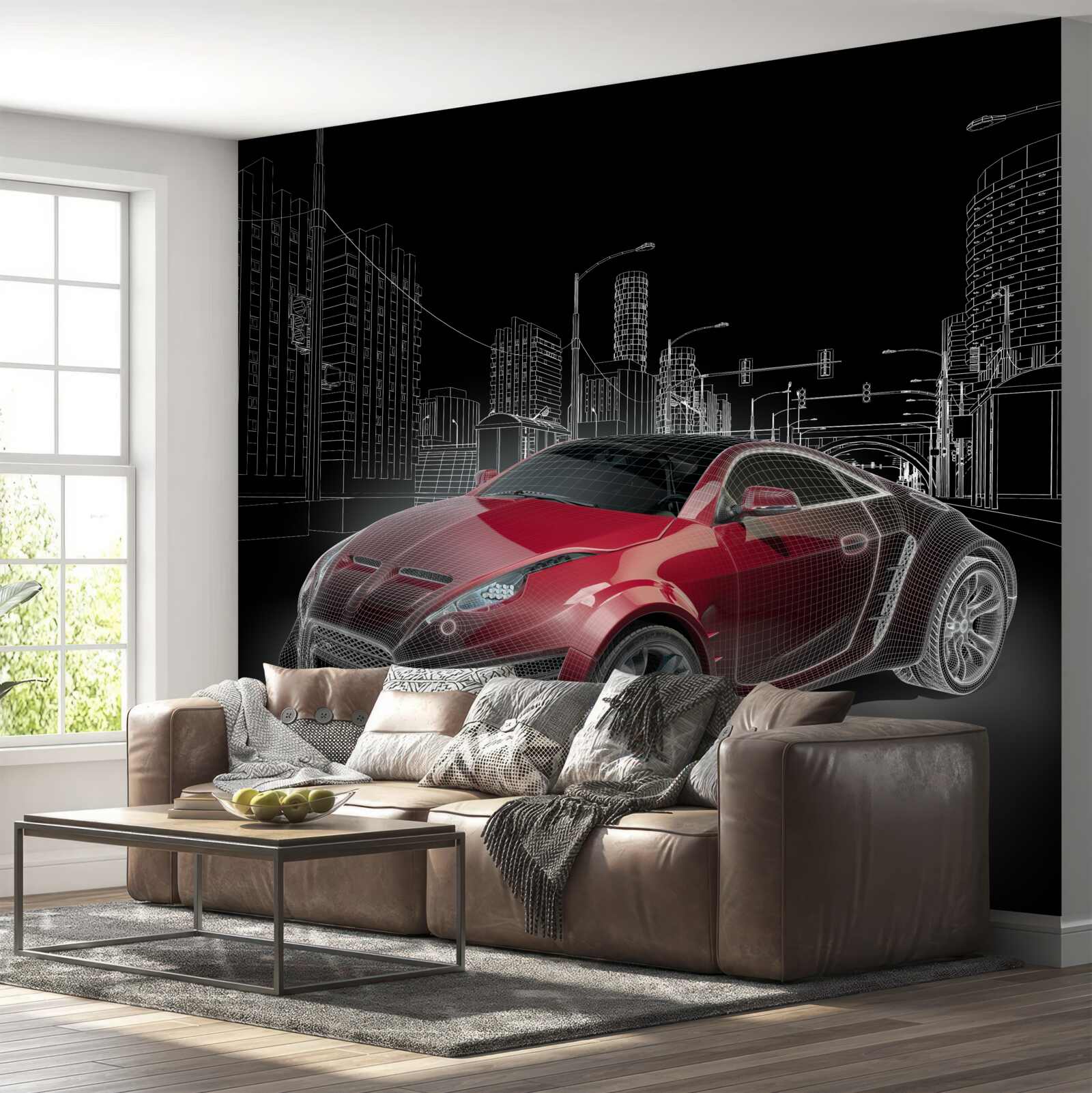 Fototapet desenul prezintă o mașină sport roșie