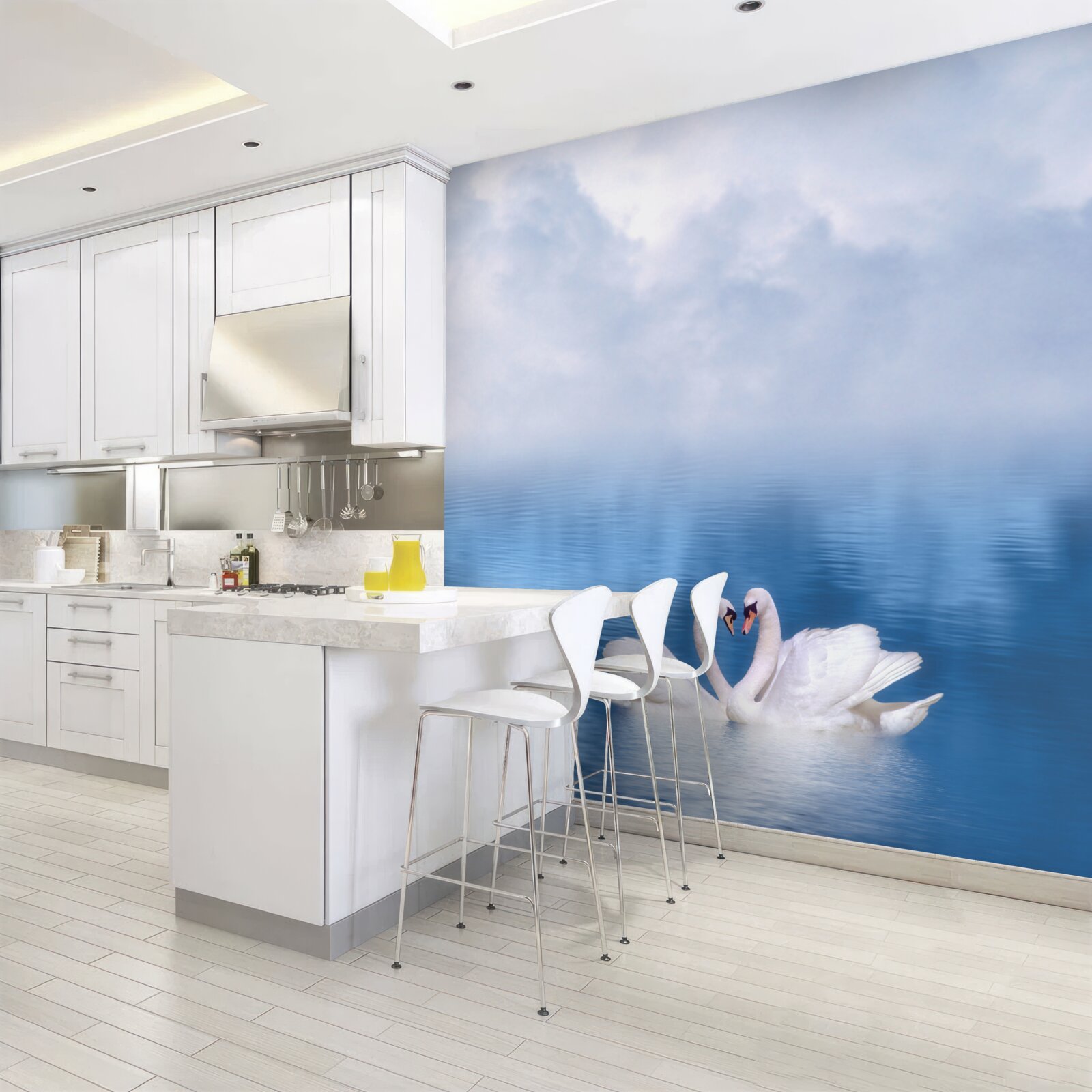 Fototapet o familie de lebede albe pe un lac cețos din munți