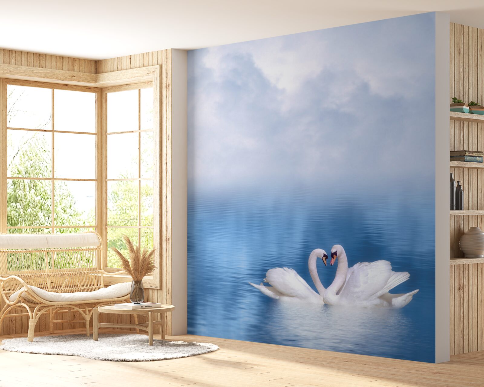 Fototapet o familie de lebede albe pe un lac cețos din munți