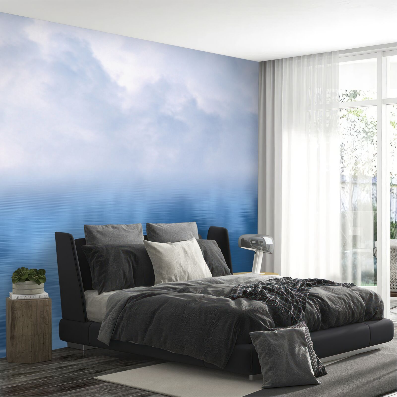 Fototapet o familie de lebede albe pe un lac cețos din munți