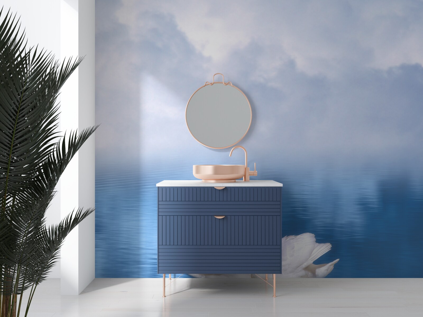 Fototapet o familie de lebede albe pe un lac cețos din munți