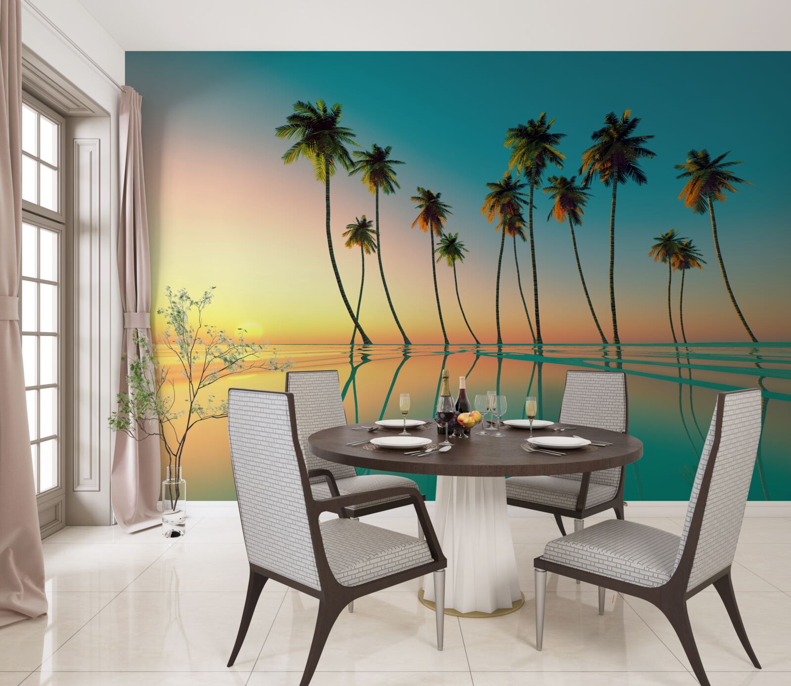 Fototapet palmieri subțiri lângă piscină pe fundalul apusului de soare