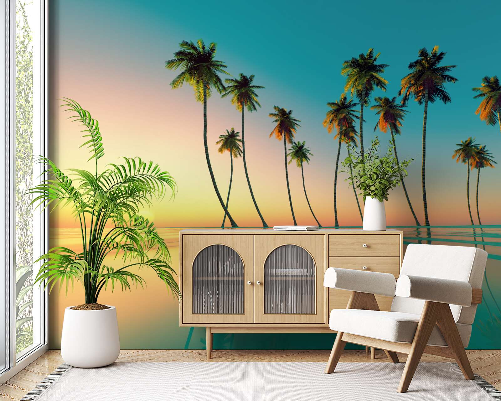 Fototapet palmieri subțiri lângă piscină pe fundalul apusului de soare