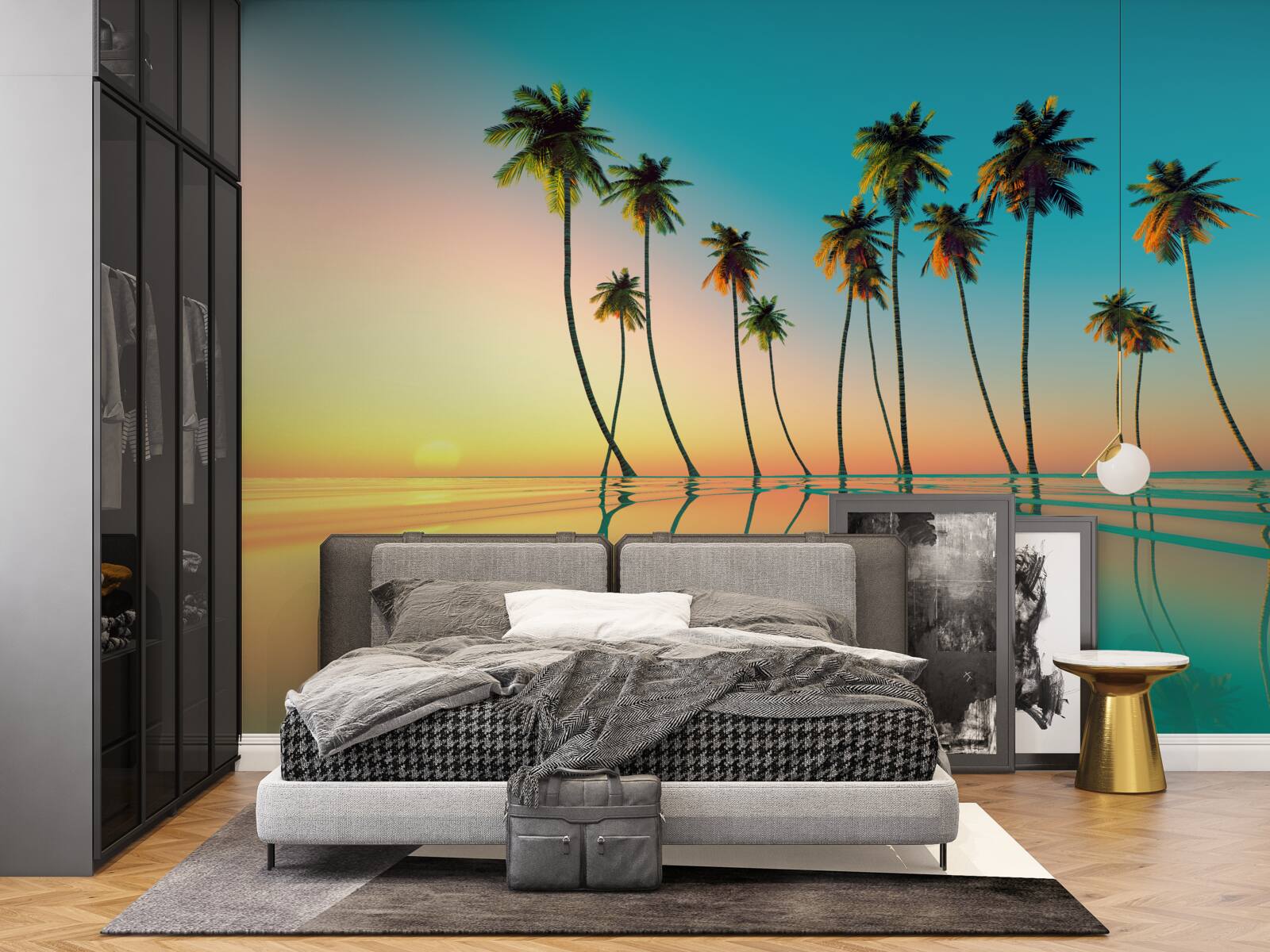 Fototapet palmieri subțiri lângă piscină pe fundalul apusului de soare