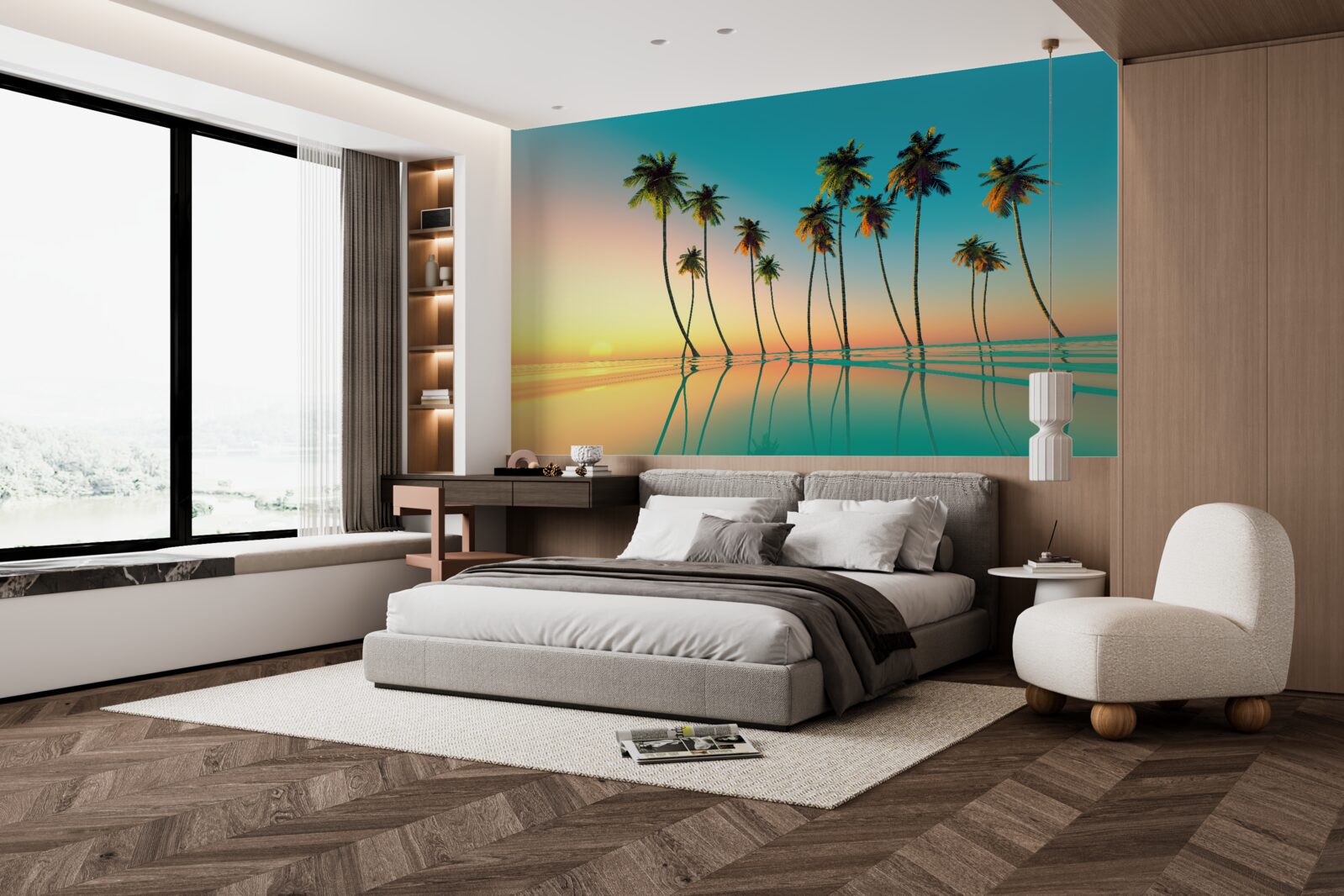 Fototapet palmieri subțiri lângă piscină pe fundalul apusului de soare