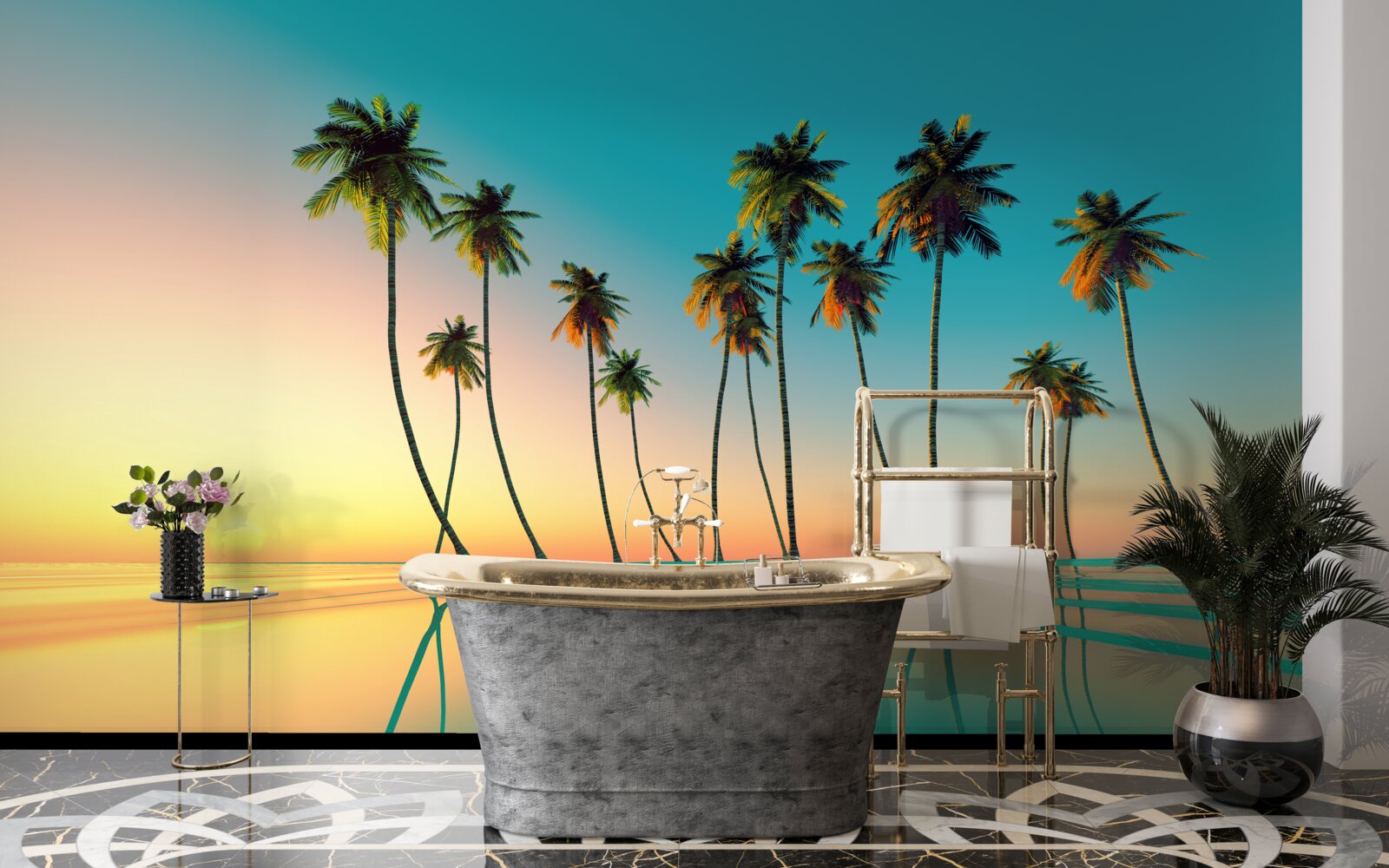 Fototapet palmieri subțiri lângă piscină pe fundalul apusului de soare
