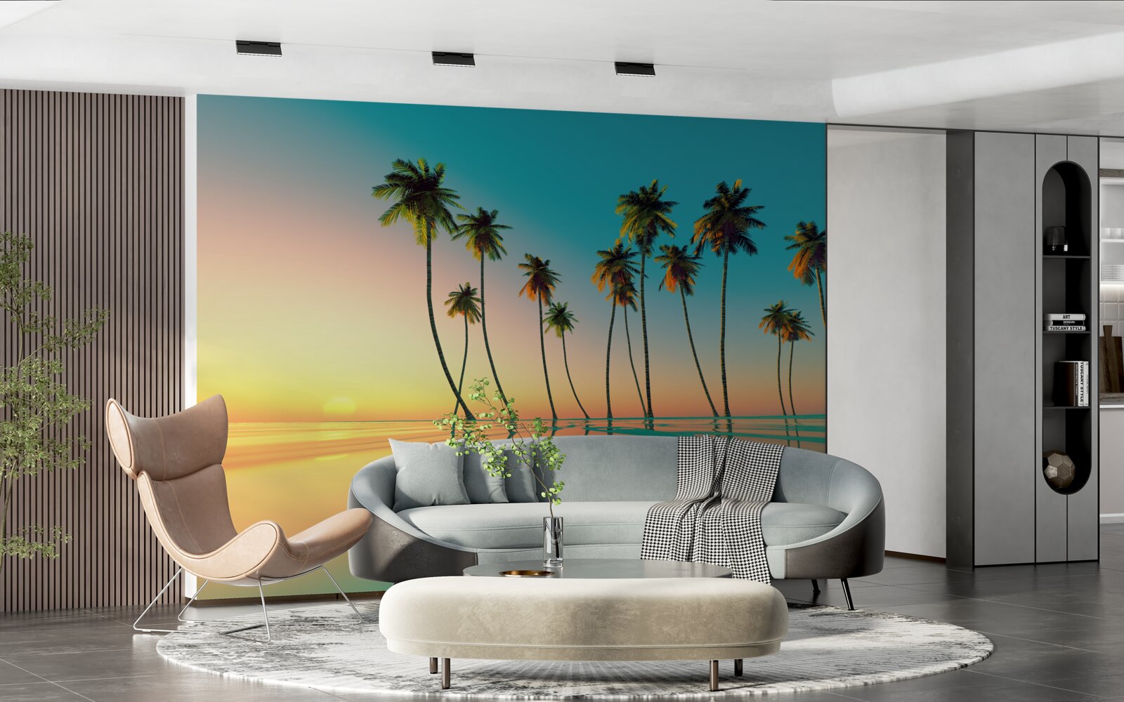 Fototapet palmieri subțiri lângă piscină pe fundalul apusului de soare