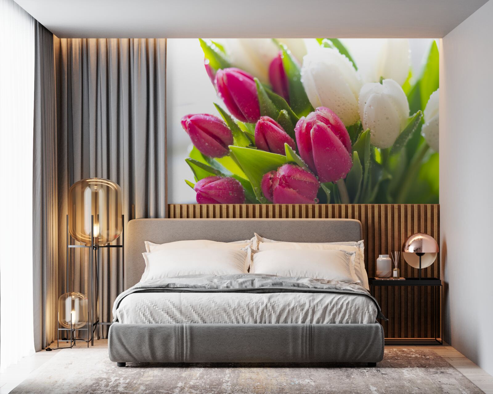 Fototapet compoziție de lalele albe și lavanda acoperite de rouă