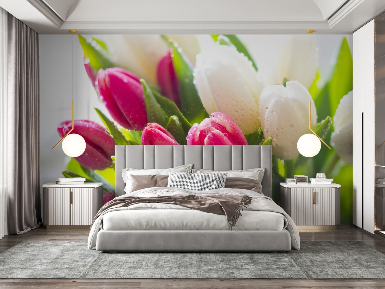 Fototapet compoziție de lalele albe și lavanda acoperite de rouă