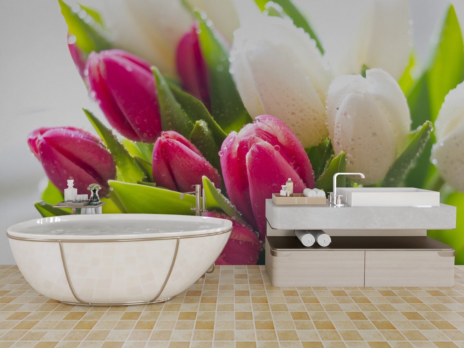 Fototapet compoziție de lalele albe și lavanda acoperite de rouă