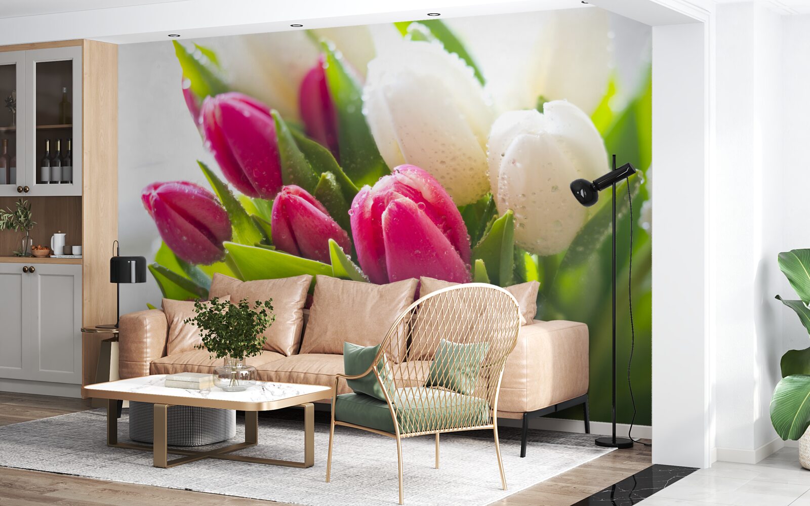 Fototapet compoziție de lalele albe și lavanda acoperite de rouă