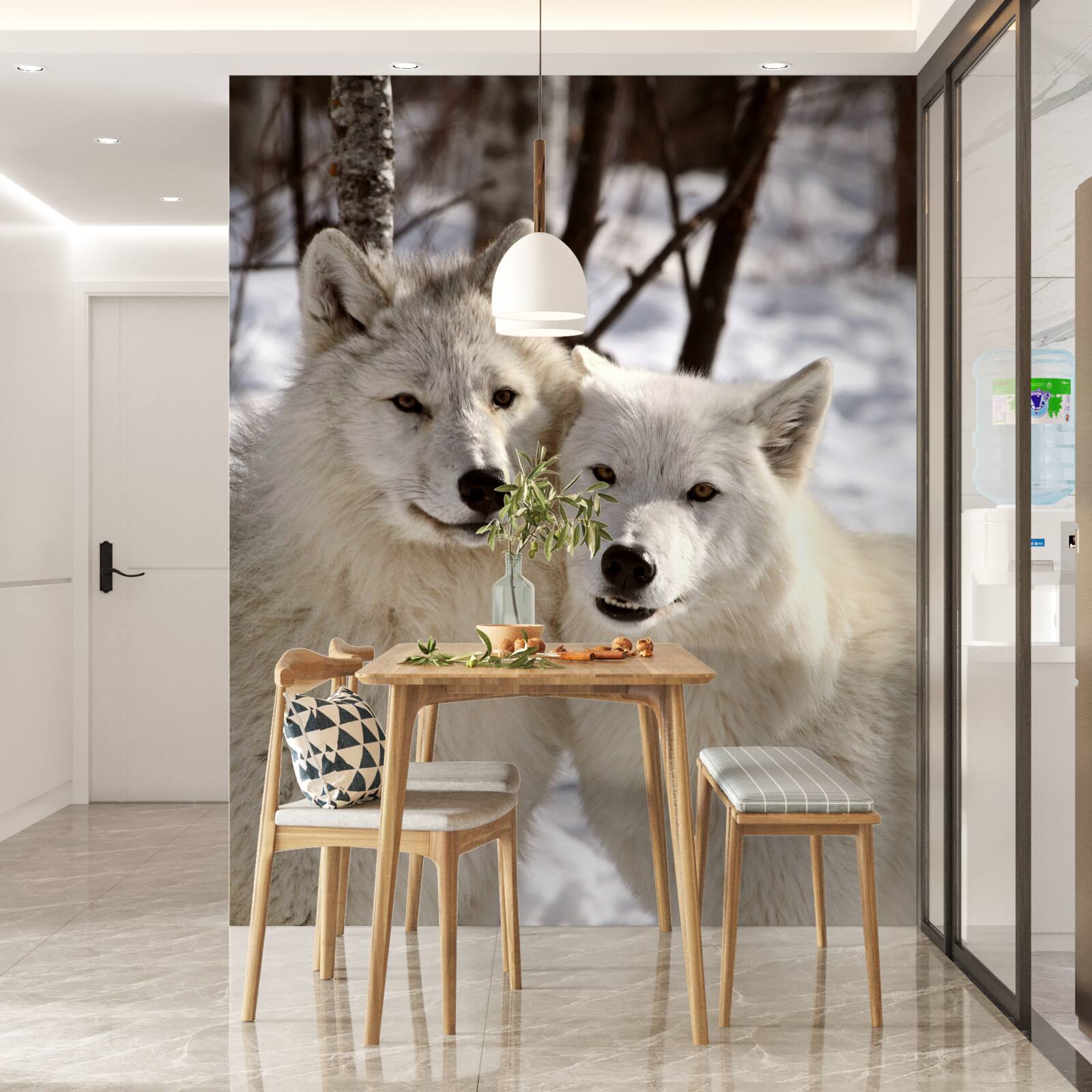 Fototapet o haită de lupi albi într-o pădure înzăpezită