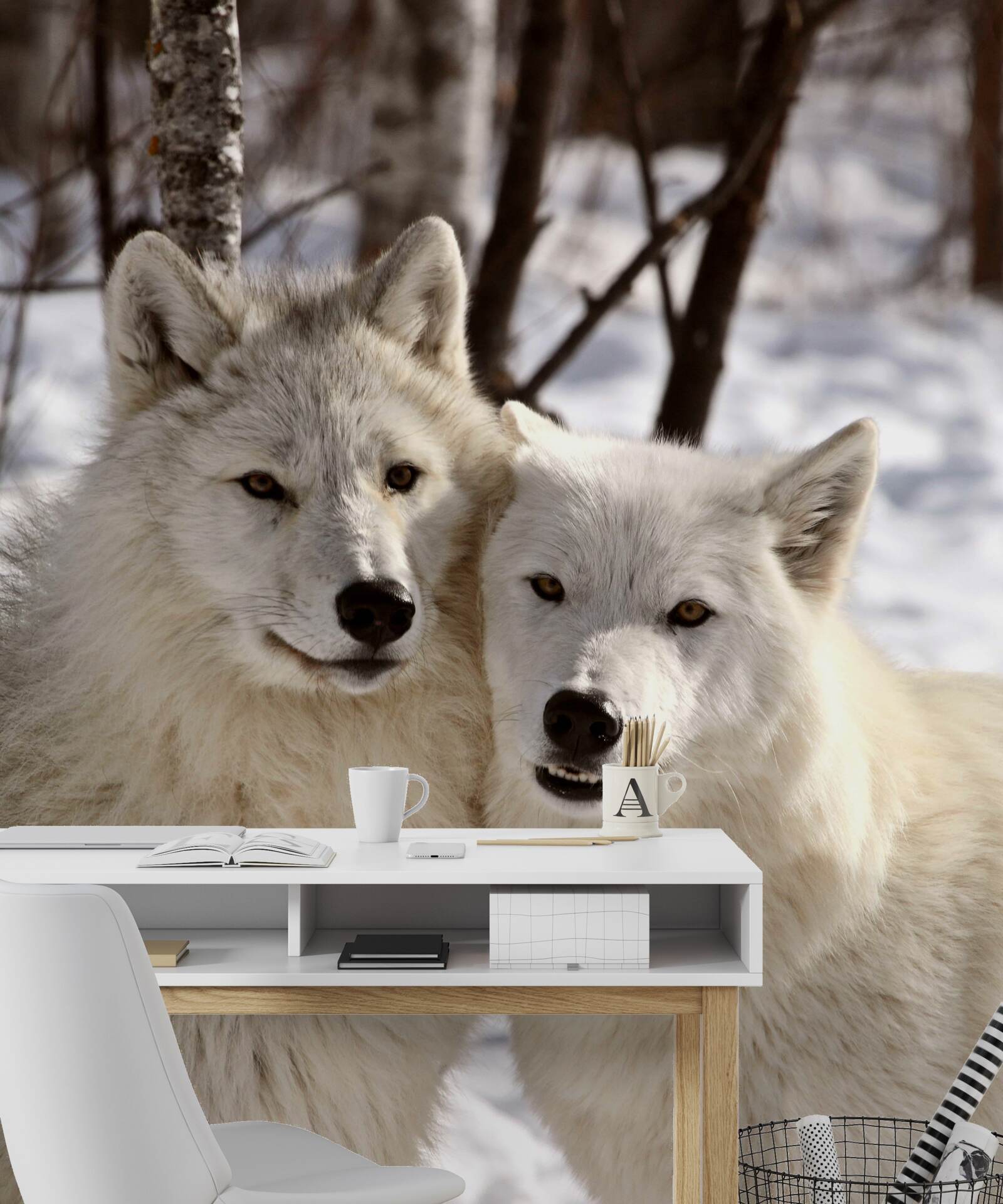 Fototapet o haită de lupi albi într-o pădure înzăpezită