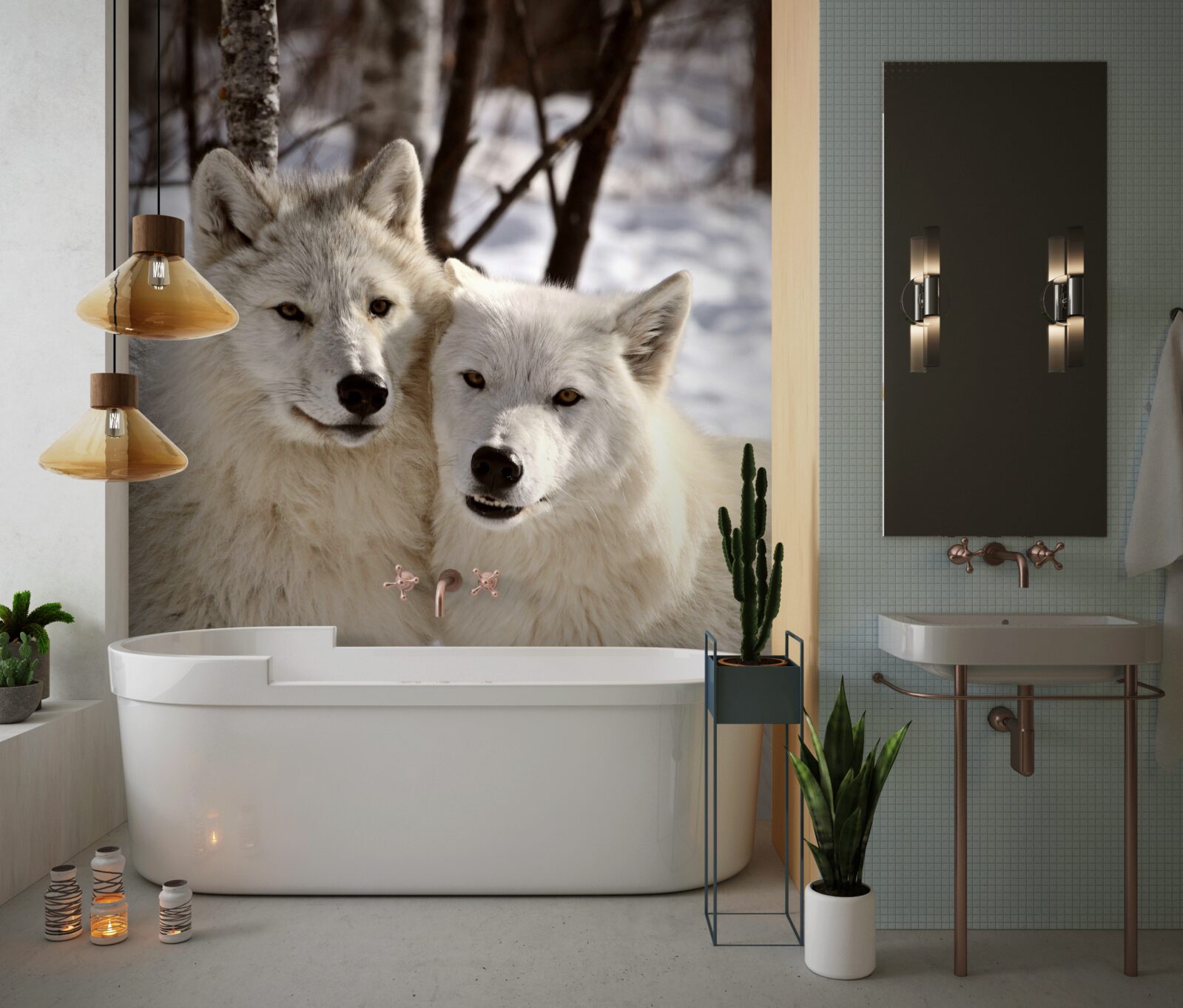 Fototapet o haită de lupi albi într-o pădure înzăpezită