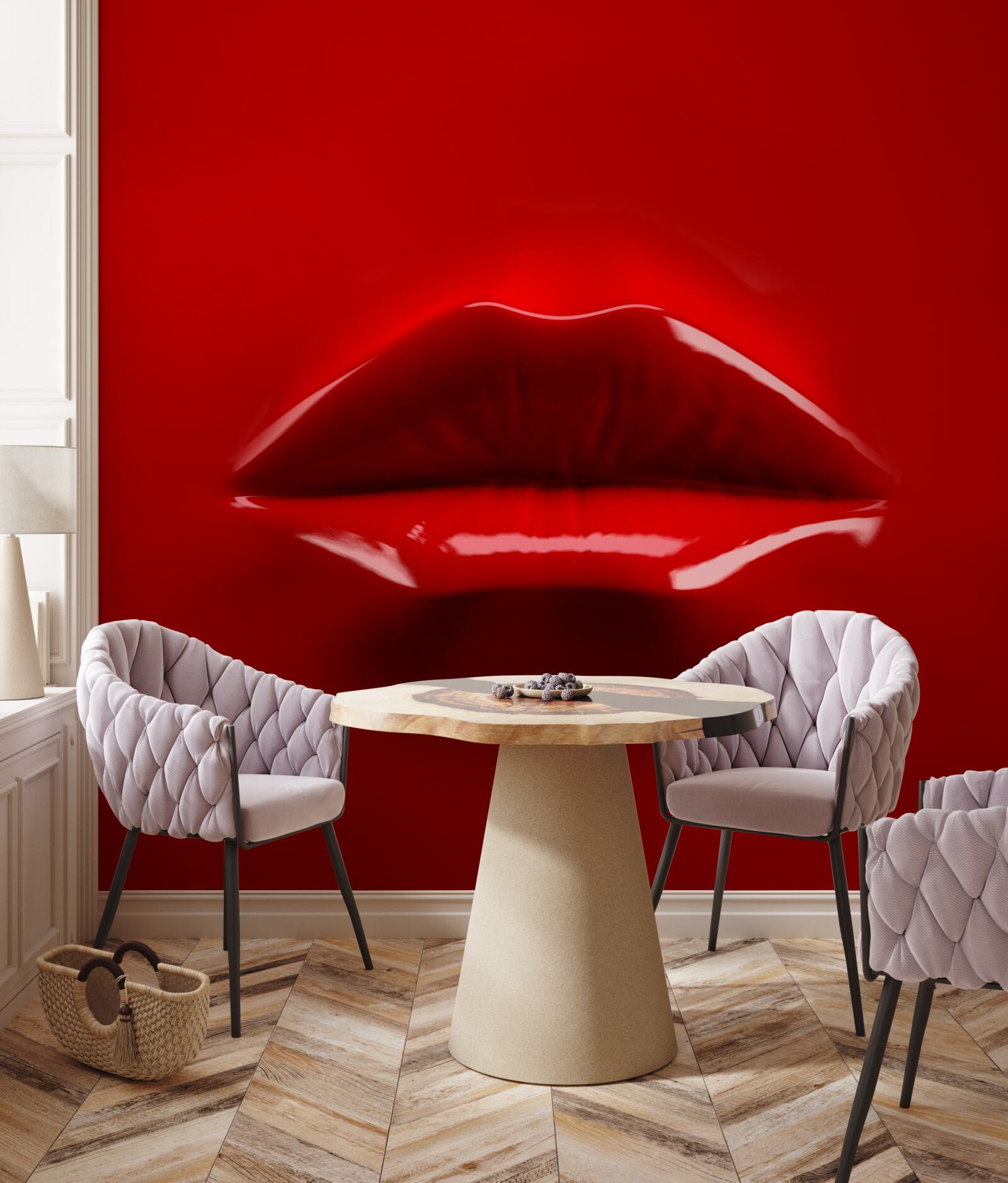 Fototapet buzele roșii, pline, ies în evidență pe un fundal roșu