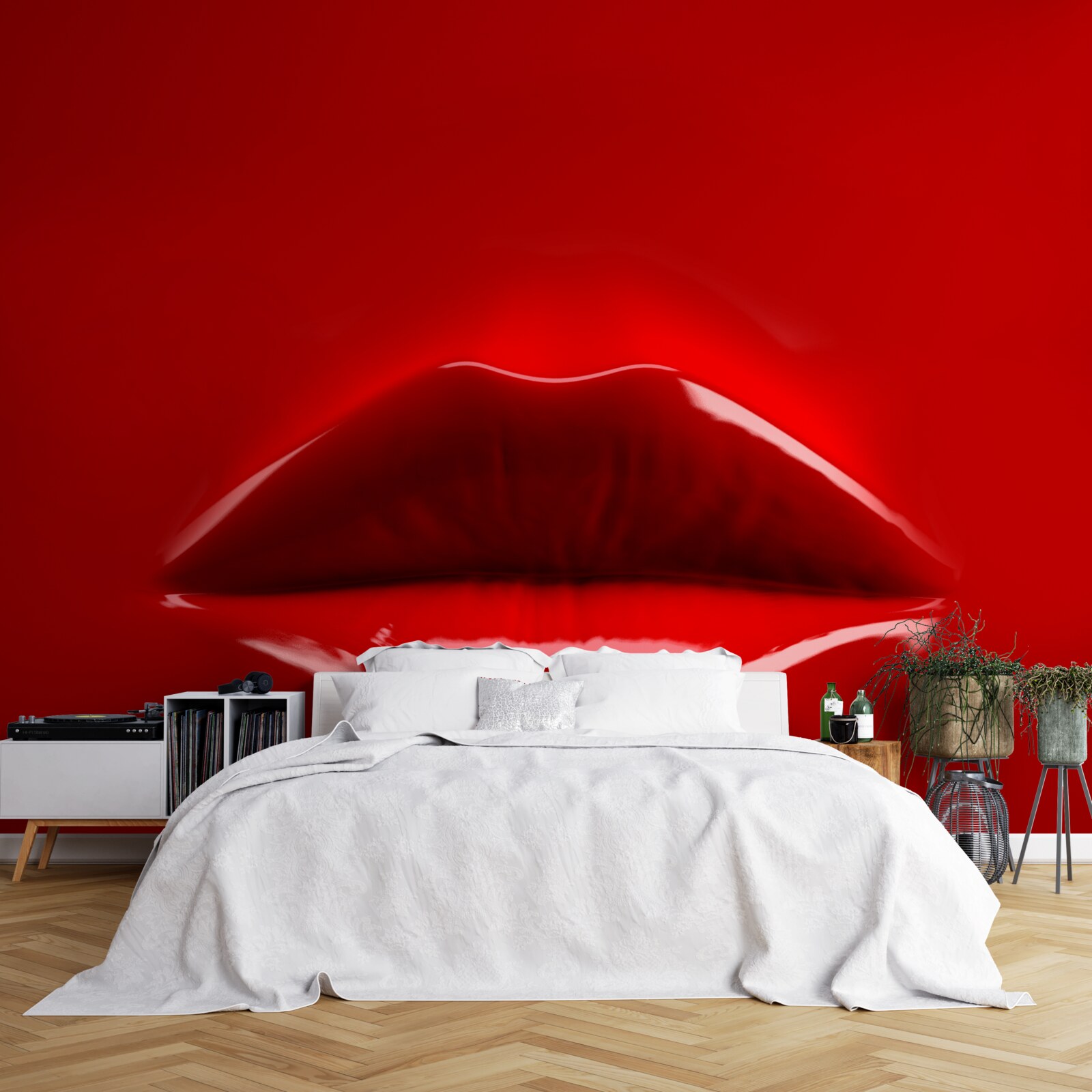 Fototapet buzele roșii, pline, ies în evidență pe un fundal roșu