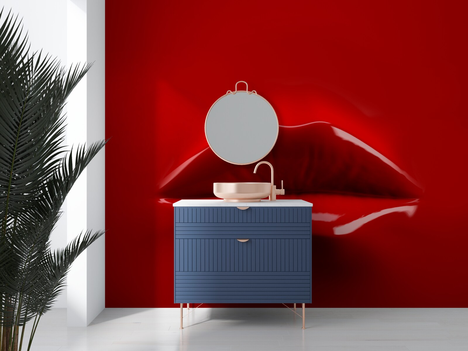 Fototapet buzele roșii, pline, ies în evidență pe un fundal roșu