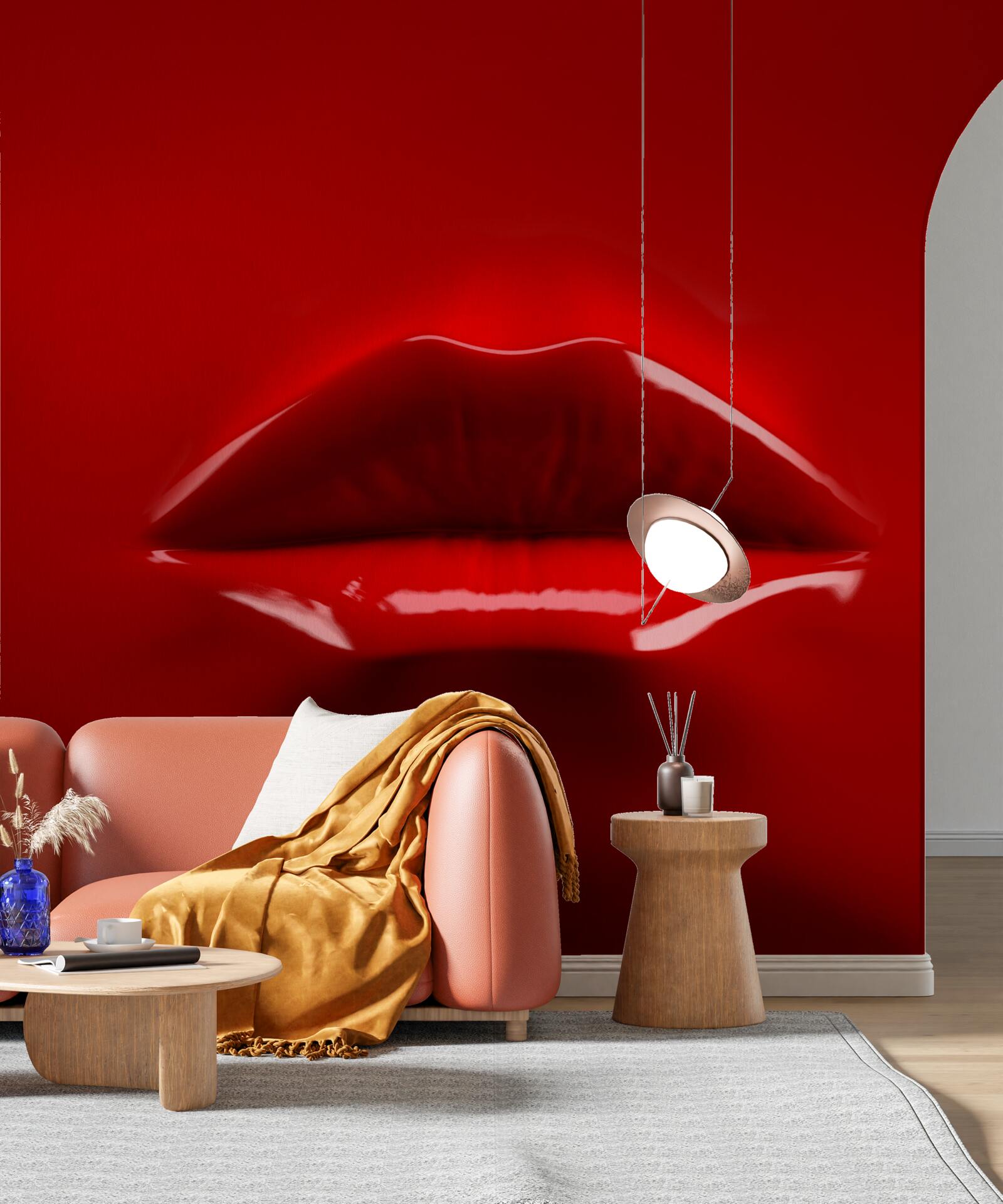 Fototapet buzele roșii, pline, ies în evidență pe un fundal roșu