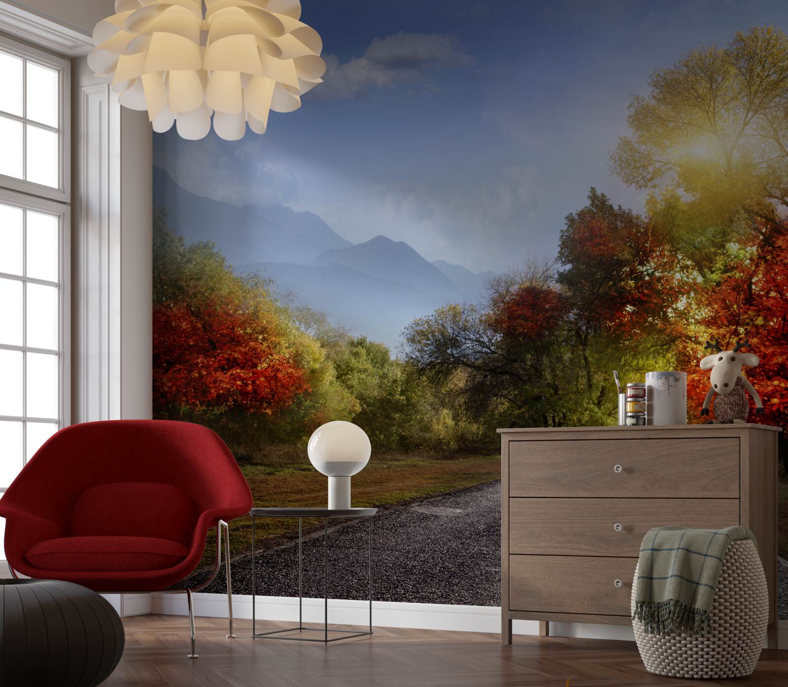 Fototapet drum forestier de toamnă în ploaie