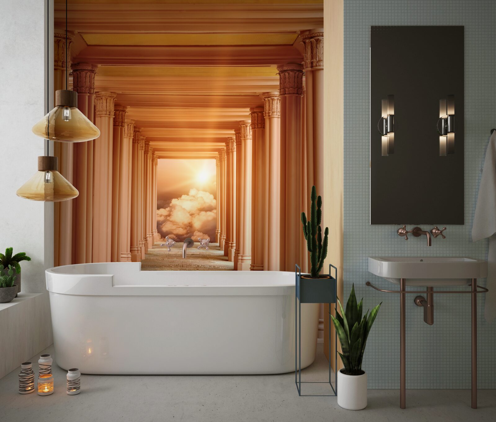 Fototapet apus de soare incandescent în tunelul care se retrage