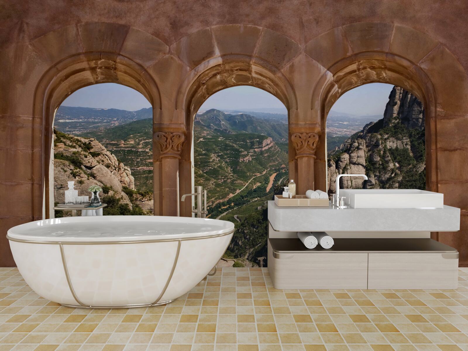 Fototapet viaduct cu vedere la peisajul montan