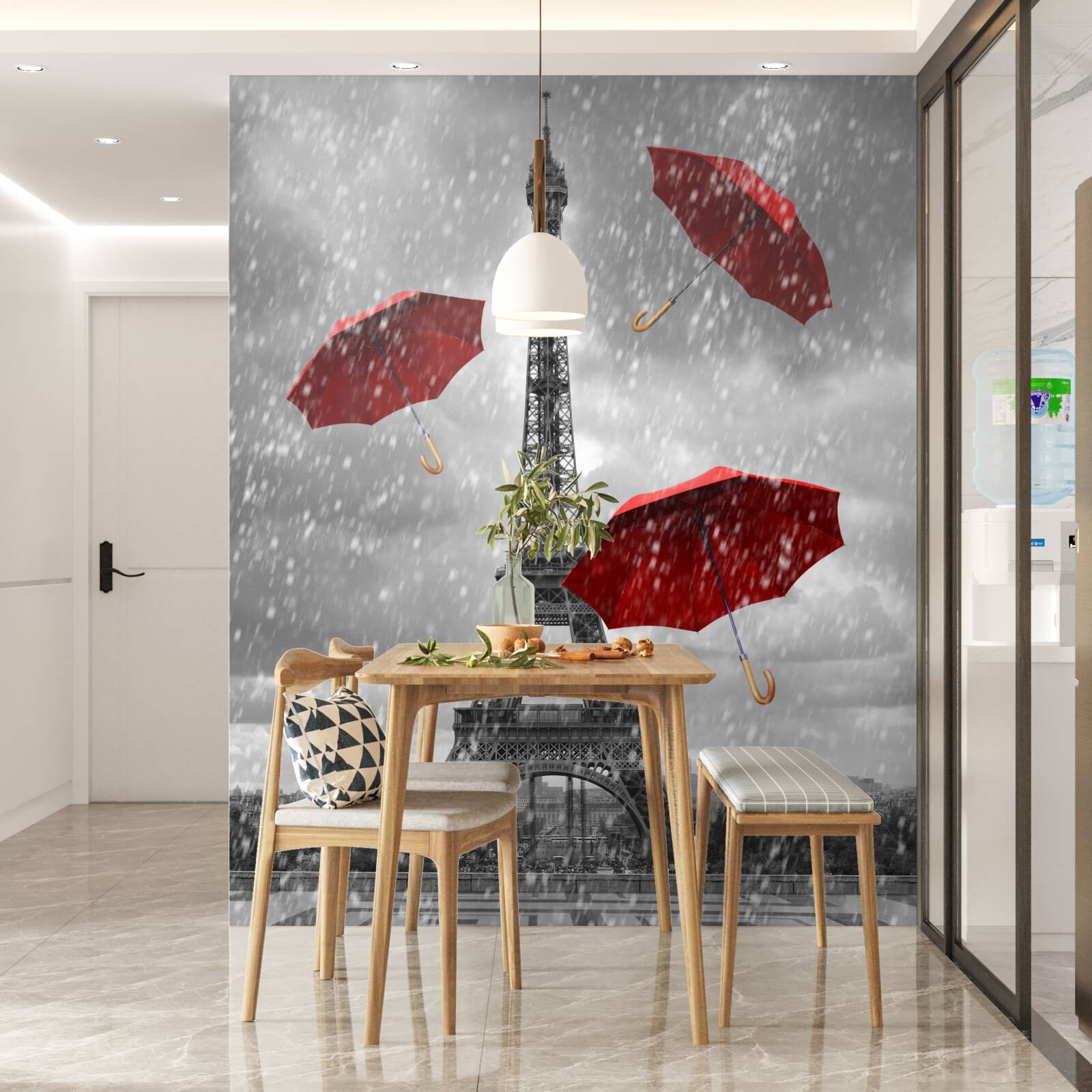 Fototapet umbrele roșii pe piața din fața turnului