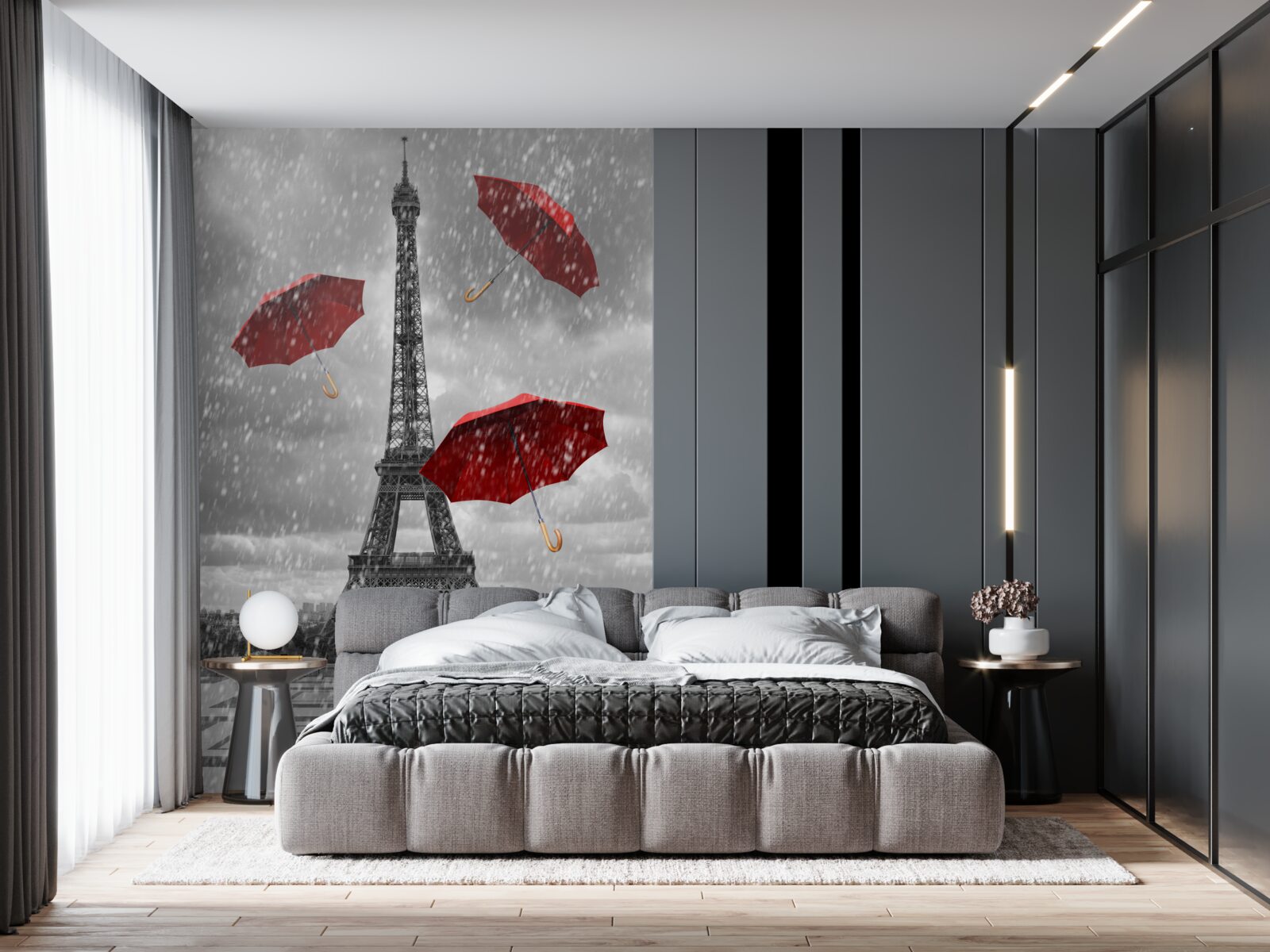 Fototapet umbrele roșii pe piața din fața turnului