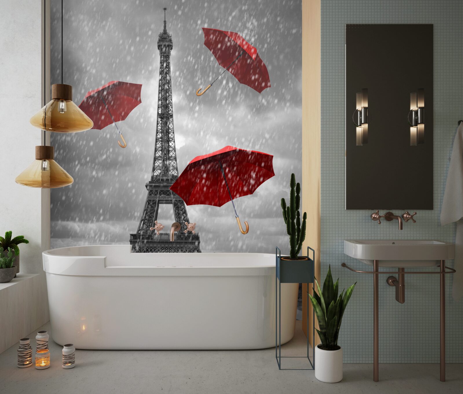 Fototapet umbrele roșii pe piața din fața turnului